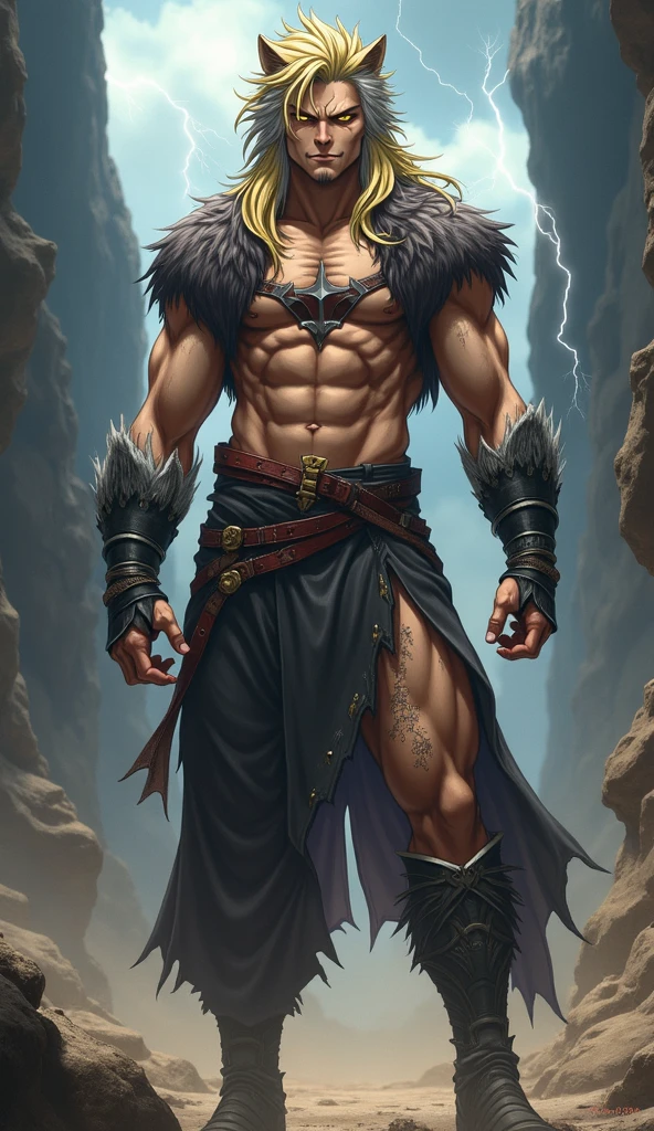 ((Best quality, 8k, Masterpiece: 1.3)), Sharp focus: 1.2, A masculine male with muscular body: 1.4, Highly detailed face and skin texture, perfect hands, Detailed eyes, tanned skin, black and white anime spiky poliosis hair, Ultra realistic, photorealistic, unreal engine, cinematic realism, handsome man, accurate copy, a rocky canyon in a fantasy style valley, DnD