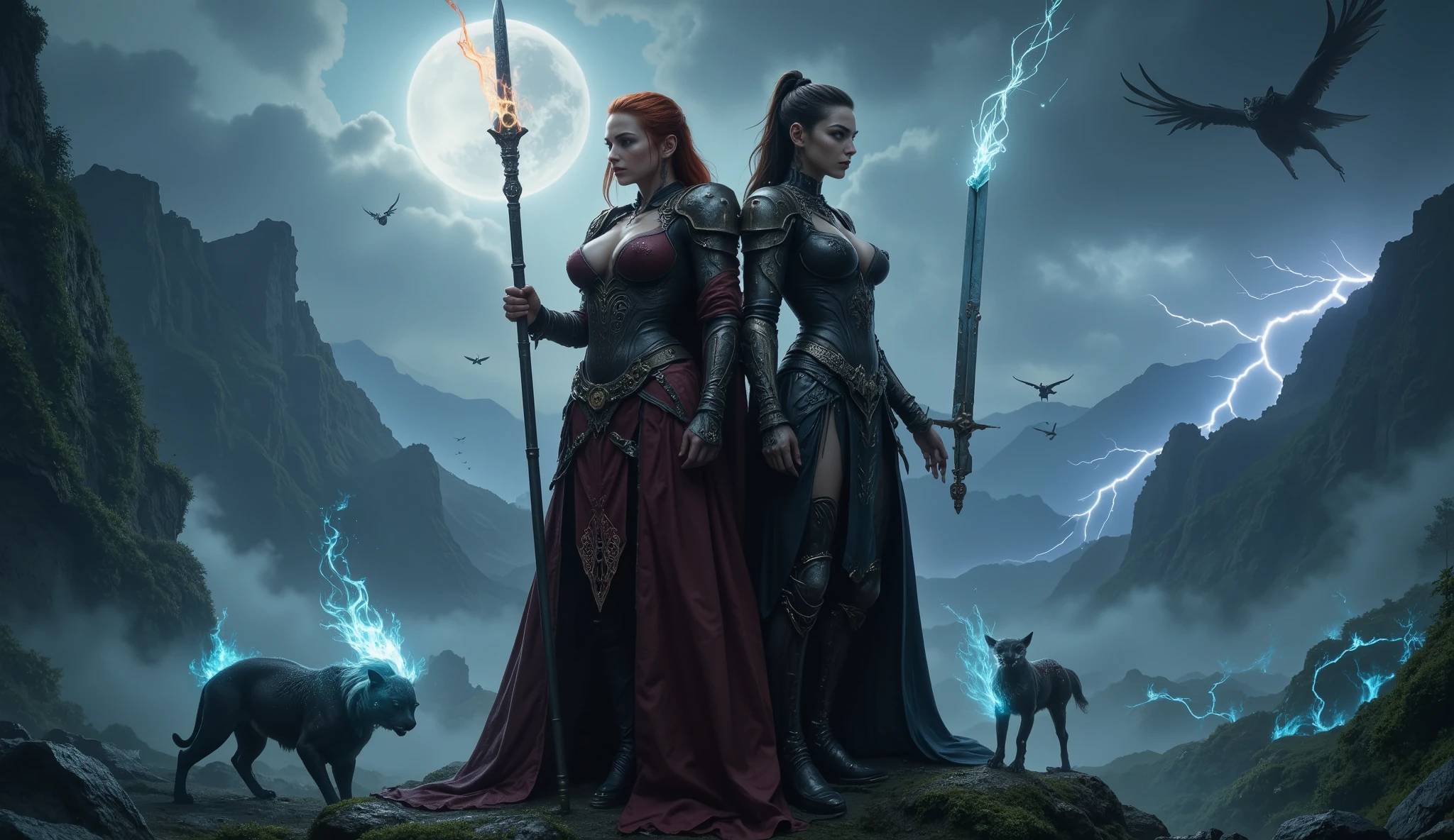 A hyper-realistic digital painting of two contrasting gothic warrior women standing on the edge of a moonlit cliff surrounded by ancient ruins covered in ivy and glowing runes. One is a tall red-haired warrior with braided hair and emerald eyes, wearing a dark crimson corset-style armor with a deep neckline, shoulder plates, and a long flowing cape. The other is a fierce, curvy brunette with a high ponytail and piercing blue eyes, wearing black gothic leather armor with lace accents and silver gothic engravings, also with a revealing neckline and thigh-high armored boots. They stand back to back, each holding a mystical weapon — the redhead a flaming spear, the brunette a runed greatsword. Around them, mystical animals emerge from the mist: a glowing white stag with antlers made of crystal, a dark panther with star-like patterns on its fur, and several small blue flame-spirits floating near the ruins. The sky above is stormy with flashes of lightning illuminating distant mountains and flying silhouettes of unknown winged beasts. The atmosphere is cinematic, darkly enchanting, with ethereal lighting, gothic fantasy mood, ultra-detailed, 8K, --ar 16:9 --v 5 --q 2 --style 4b
