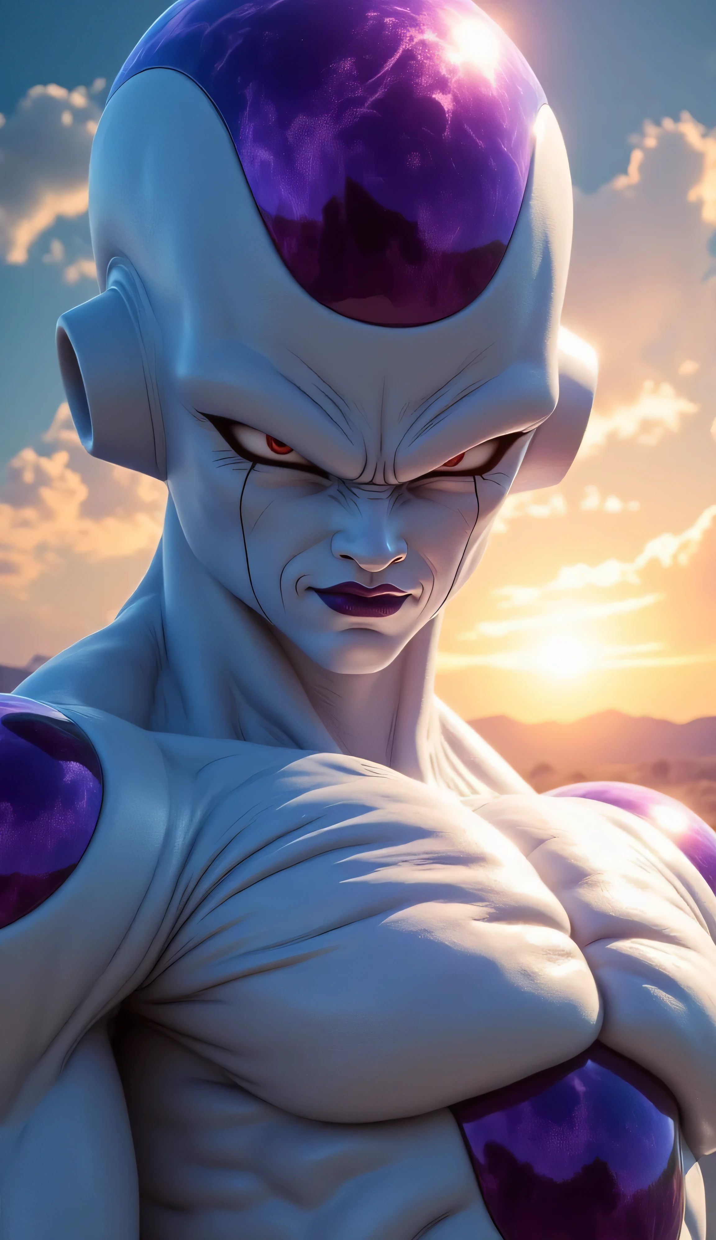 A hyper-realistic close-up portrait of Frieza from Dragon Ball Z, in his final form with a dramatic sky behind him, the energy illuminating his face and reflecting off his sleek, alien armor. The scene is cinematic, like a movie poster, with high contrast lighting and a sense of power and anticipation Desde arriba,