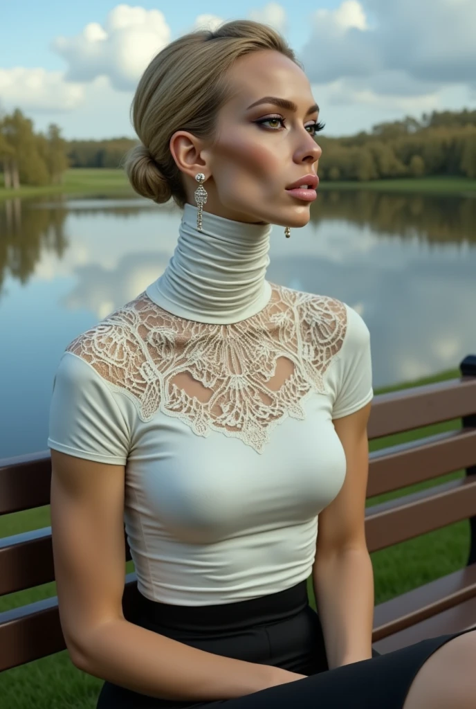 masterpiece, best quality, extremely detailed, hyperrealistic, photorealistic, a beautiful 20s french model, river, bridge, in the sunset, beige mock neck t-shirt:1.2, ultra detailed face, half updo, blonde hair, pale skin, busty breasts, crying:1.2, tear:1.1