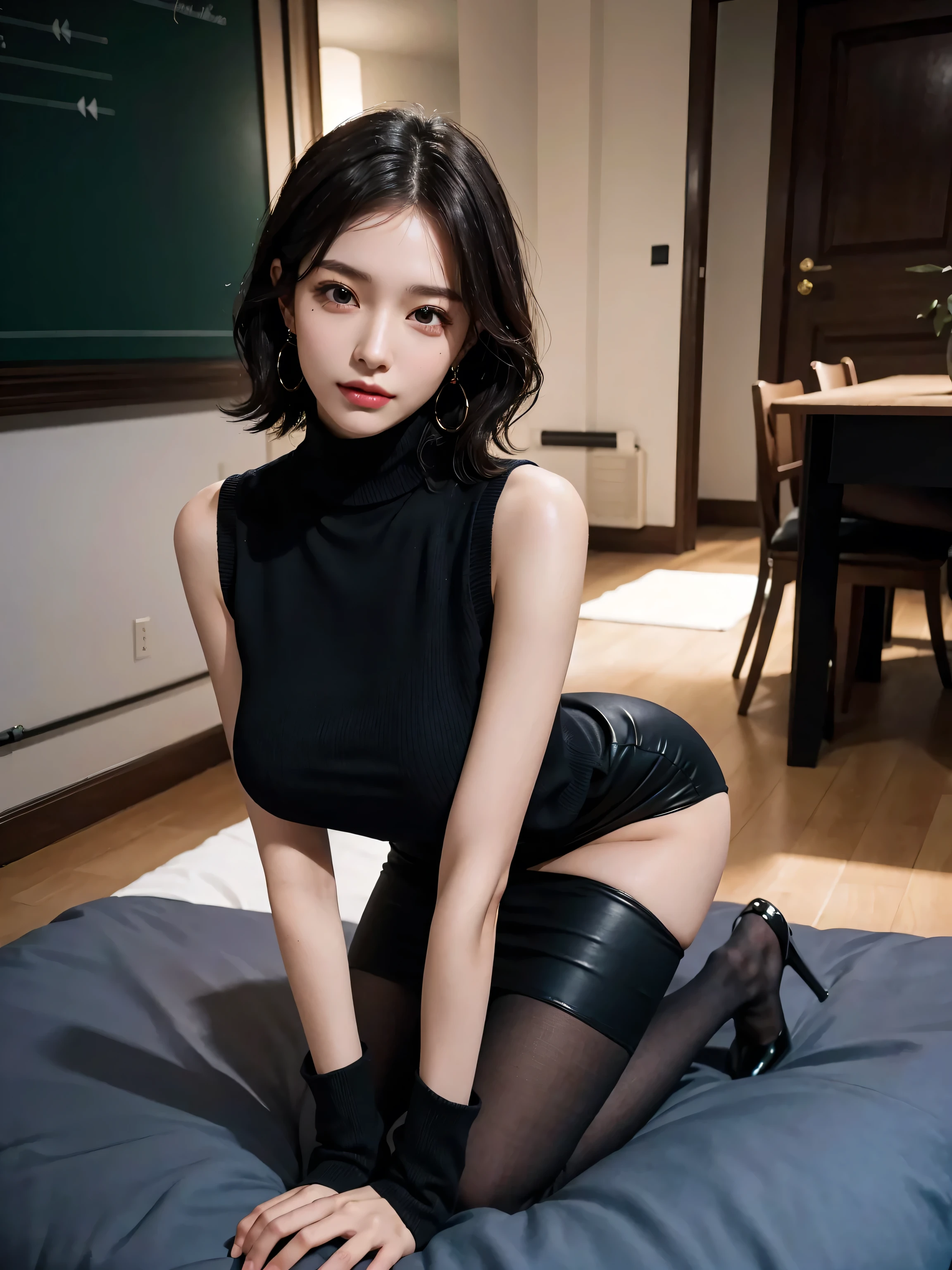 Best quality, masterpiece level, intricate details, high-precision graphics, ultra-HD quality, detailed shadows, fantastic atmosphere, dark background, shadow effect, local light, a pure beauty girl, personal solo display, exquisite and detailed face and eyes, real skin fit, black and white contrast scheme, high waist and slender leg line, shorts with stockings, (sleeveless T-shirt for top, full body presentation),