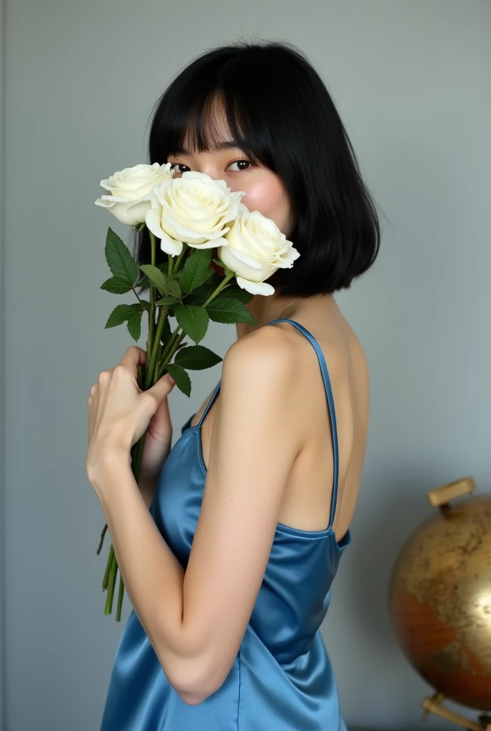 lybsbtlyq, bare shoulders, black hair, bracelet, closed eyes, dress, earrings, flower, holding flower, jewelry, lips, necklace, realistic, ring, short hair, solo, white background, 1girl,<lora:lybsbtlyq:0.7>