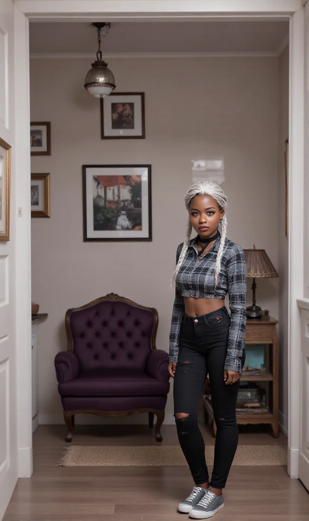 Create a realistic depiction of an African lady who is smartly dressed in modern clothes that are chic, flirty, sexy and respectable . Her outfit should prominently feature blue color . She should have a very thick build and appear realistic." She should be seated in a chair in a photo studio posing confidently for the camera. She should be 23 years old.
