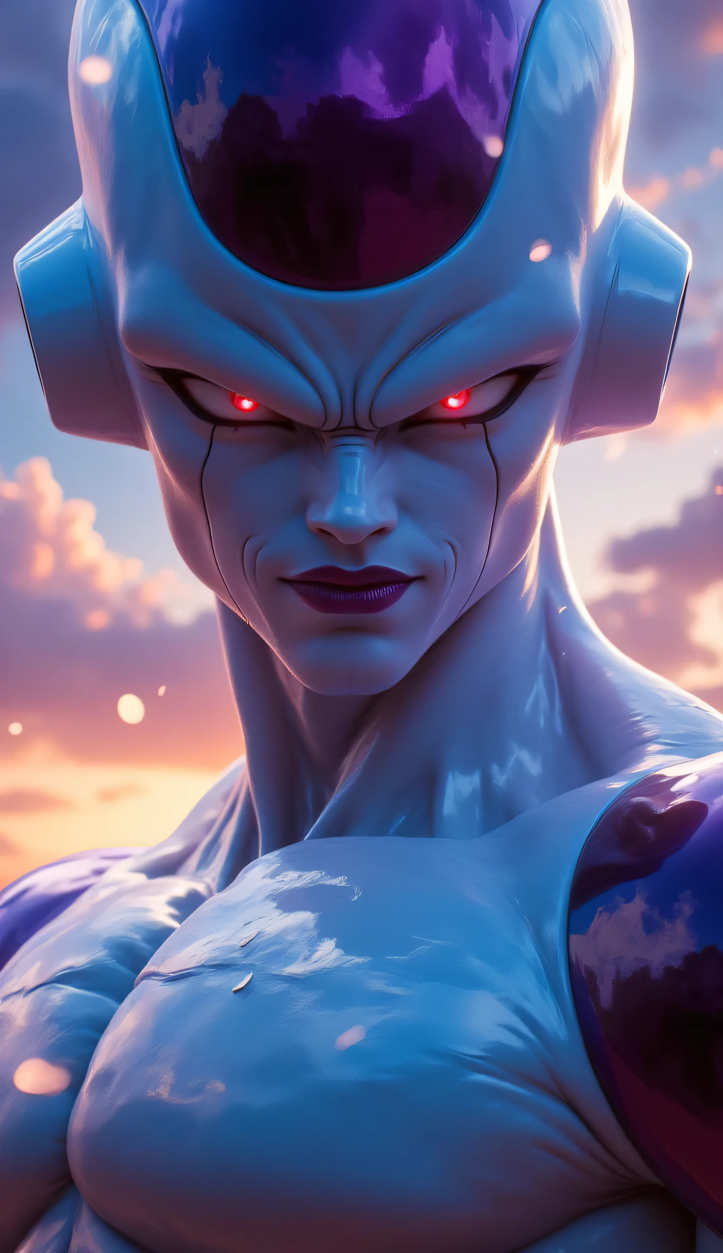 A hyper-realistic close-up portrait of Frieza from Dragon Ball Z, in his final form with a dramatic sky behind him, the energy illuminating his face and reflecting off his sleek, alien armor. The scene is cinematic, like a movie poster, with high contrast lighting and a sense of power and anticipation Vista de tres lados,