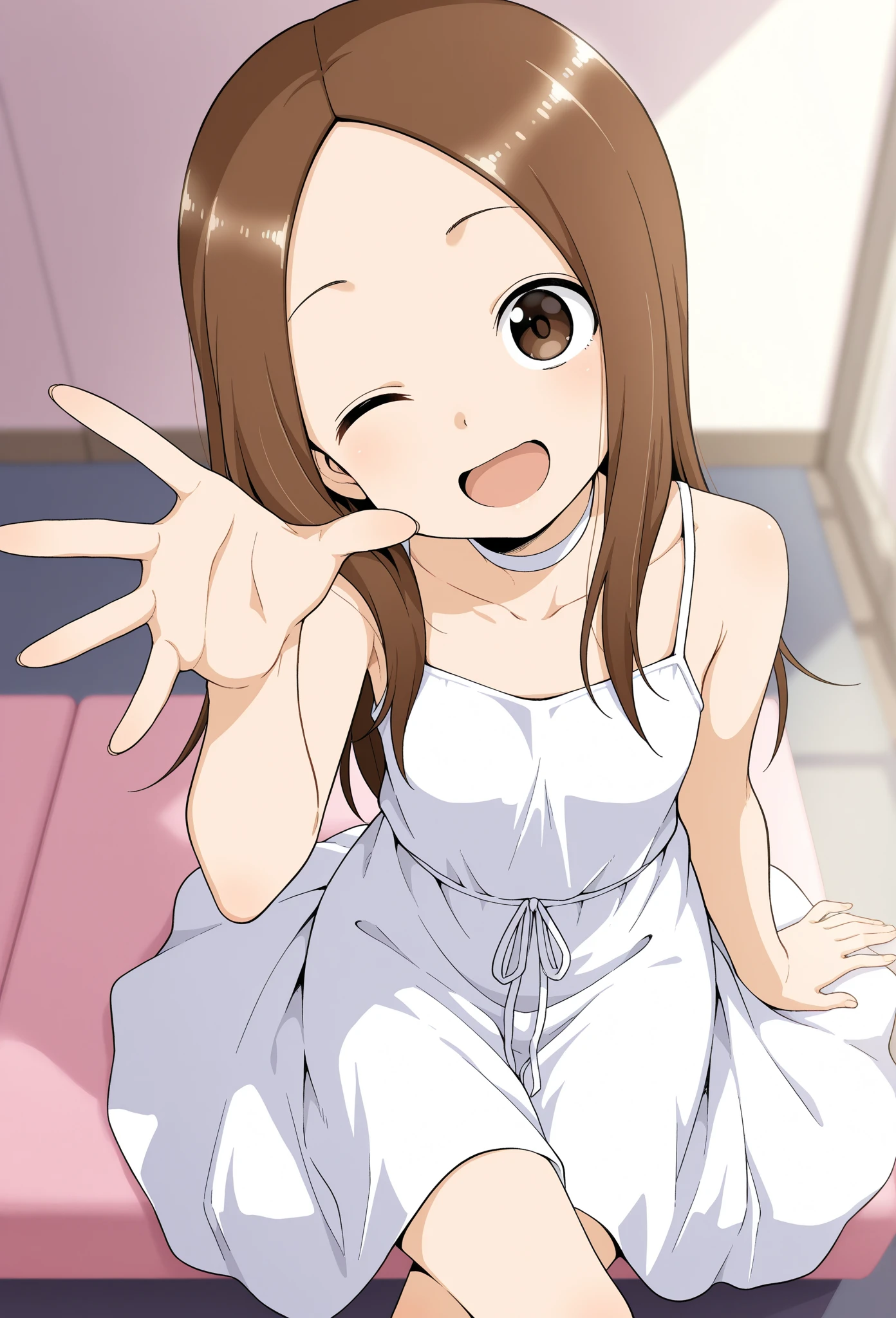 miyoshi kaya, light brown hair, high ponytail,small breasts, orange eyes, parted bangs, forehead,
1girl,solo,looking at viewer, ,smile,,my room,(((gyaru))),l