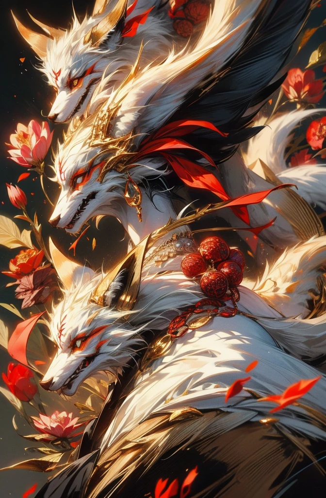 Nine Tails, a fox with a white body, multiple white tails, the tail diverges upward, abstract art with a dragon motif on his body, John McKinst, mysterious academia, fantasy, art printmaking, realistic, surreal