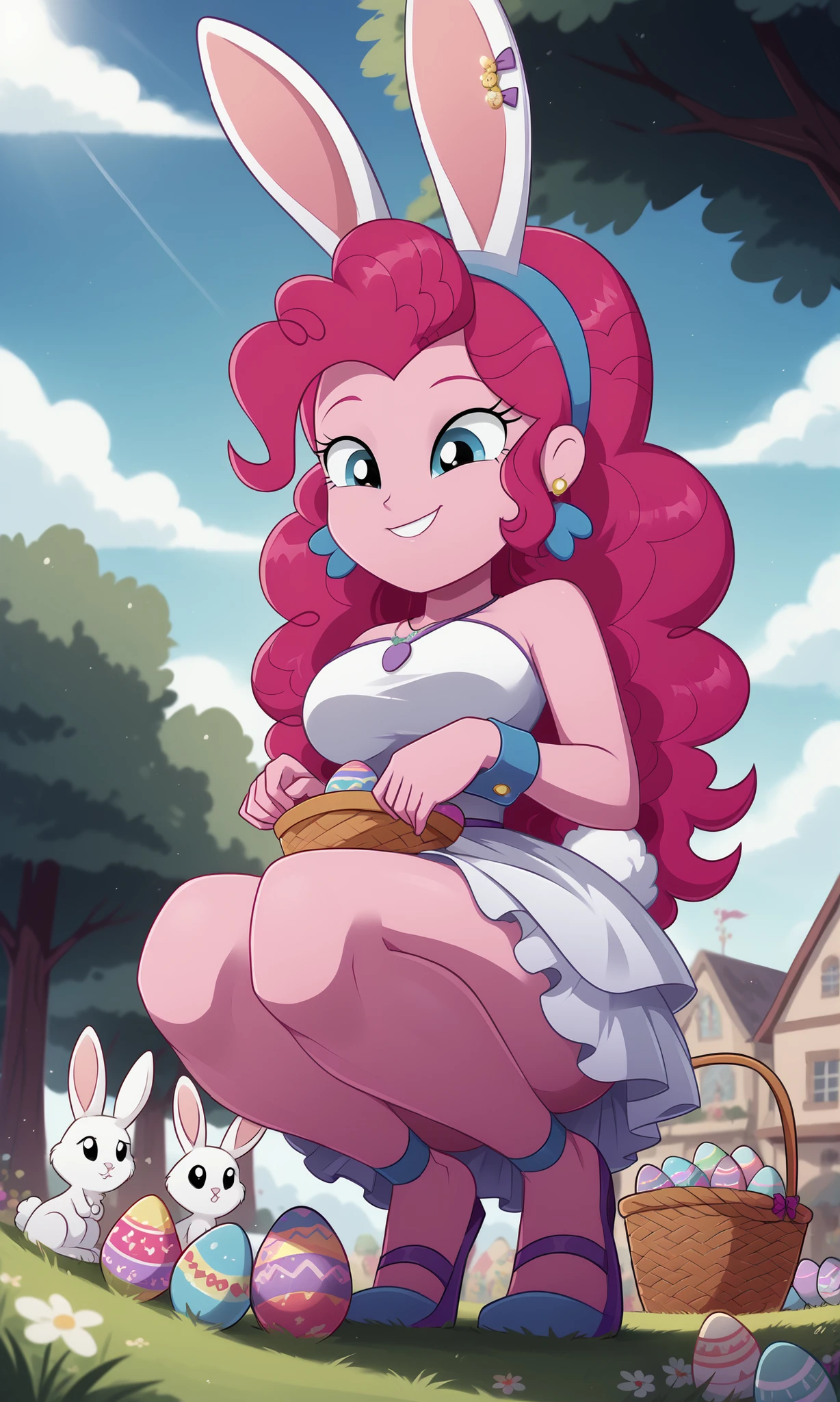((masterpiece, detailed image, soft skin, style_2d_chibi)), (pinkiepie)1 girl, pink skin, pink hair, curly hair, blue eyes, outdoors, day, outdoors, herbs, flowers, ((eggs, easter decoration)), easter, sky, clouds, ((easter)), ((pink_eggs)), ((easter_eggs)), hair ornament, ((bunny_ornament)), (headband, bunny ears), (false ears), ((necklace)), ((bunny_necklace)), white dress, ((ruffles)), ((ruffle dress)), ((jewelry)), earrings, ((rabbit_earrings)), ((sleeveless dress)), (bare shoulders), wristbands, ((bunny_bracelet)), belt, (buckle, rabbit_belt_buckle)), ((short dress)), ((basket 🧺, easter basket)), ((eggs_in_basket)), ((eggs_on_the_ground)), ((picking up holes)), ((looking for_easter_eggs)), participating, ,, big breasts, wide hips, squatting, looking down, ((from below)), ((focus on face)), shiny skin, smile, closed mouth
, SciTwi EQG, pink hair, pink skin, ((ransu33 art style))