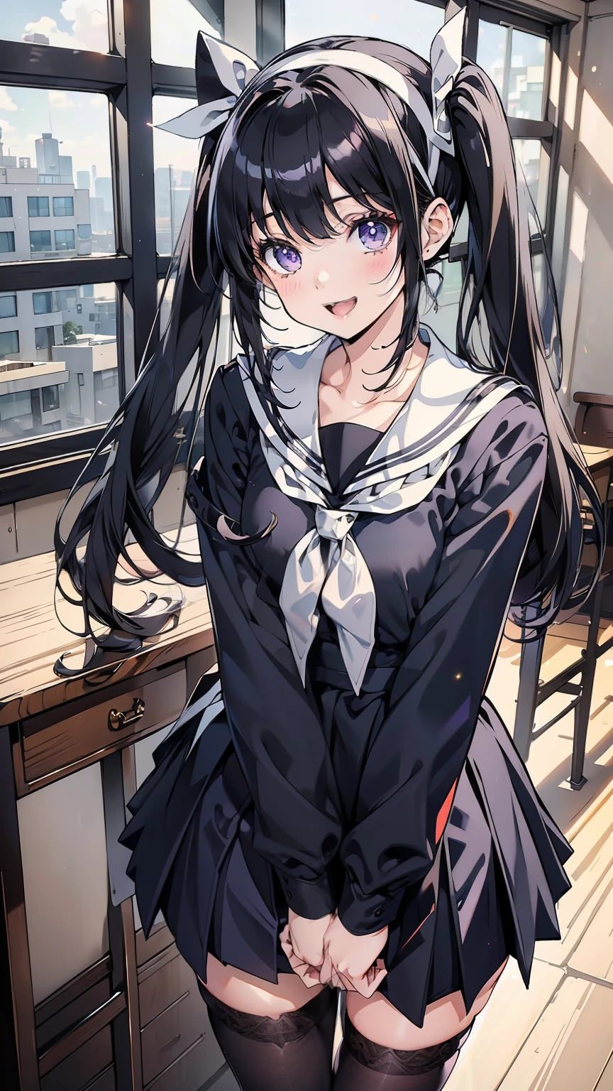 8-headed body, (extremely detailed CG Unity 8k that geeks seem to love), (top quality),(very well detailed),(super high resolution), black hair, high school girl wearing a navy blue sailor suit, animated 2D rendering, realistic young anime high school girl, (white headband that connects to pubic hair and buttocks), smile, purple eyes, small breasts, tall, Slanted Eyes , Classroom View , Black Stockings, bright color, that is touching my please open your mouth slightly, dark blue skirt , twin tails, Tie your hair with a white ribbon,