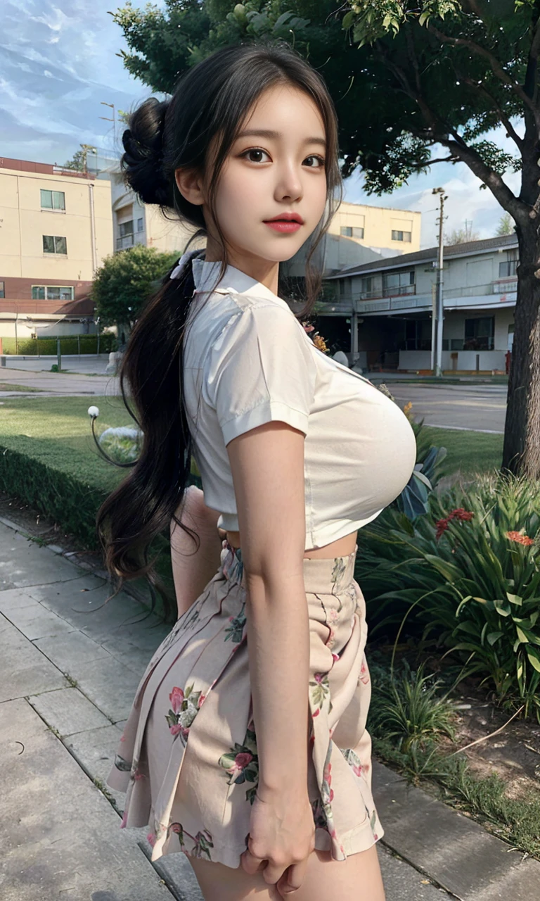 17 years old girl, asian girl, black hair, wear scout uniform, natural beauty, tight clothes, scout hat