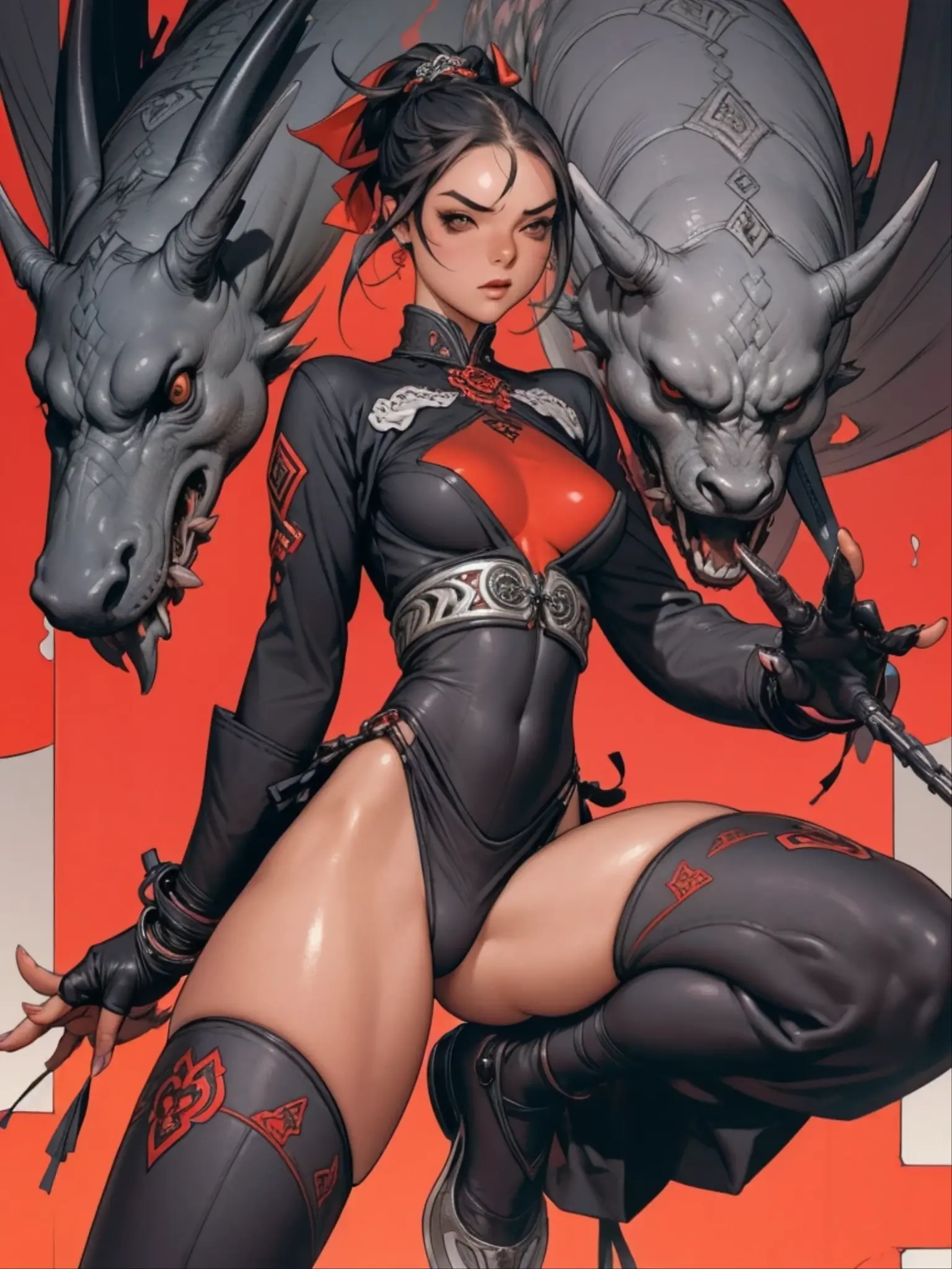 ((Best quality)), ((masterpiece)), (detailed: 1.4), crysis nanosuit, square chin, Guweiz-style art, Guweiz, beautiful character painting, Guweiz in Artstation Pixiv, Guweiz in Pixiv ArtStation, beautiful digital art, Wlop Rossdraws, Guweiz masterpiece, (Absurd), head adornment that falls in two straps over the shoulders and has the part hanging over the nape of the neck tied in braid, called nemes, Thin woman airplane pilot, Egyptian ready for war, perfect body, dark skin, Tutankhamun mask, (((Hemhem crown on head, Style of a triple Atef)))), ((((Khat))), (((defined muscles, half thick naked thighs, closed mouth, only in panties, muscular body covered by technological clothing, Neon Genesis Evangelion style, cyberpunk, ((Sphinx)), (Cleopatra), head covered by an Egyptian ornament in the shape of a golden eagle wing, ((perfect medium breasts)), (white eyes without pupils), ((black, silver and red clothing)), (((long black straight hair with heavy bangs on the forehead)))), (Egyptian ornaments), ((hieroglyphics on the arms)), short underwear, garter belt, by mucha, niji --V5, close to the real, psychopath, crazy face, sexy pose, background with a sphinx, 2 pieces clothing, pastel, centered, scale to fit the dimensions, HDR (High Dynamic Range),Ray Tracing,NVIDIA RTX,Super-Resolution,Unreal 5,Subsurface Dispersion, PBR Texture, Post-processing, Anisotropic filtering, Depth of field, Maximum clarity and sharpness, Multilayer textures, Albedo and specular maps, Surface shading, Accurate simulation of light-material interaction, Perfect proportions, Octane Render, Two-tone lighting, Wide aperture, Low ISO, White balance, Rule of thirds, 8K RAW