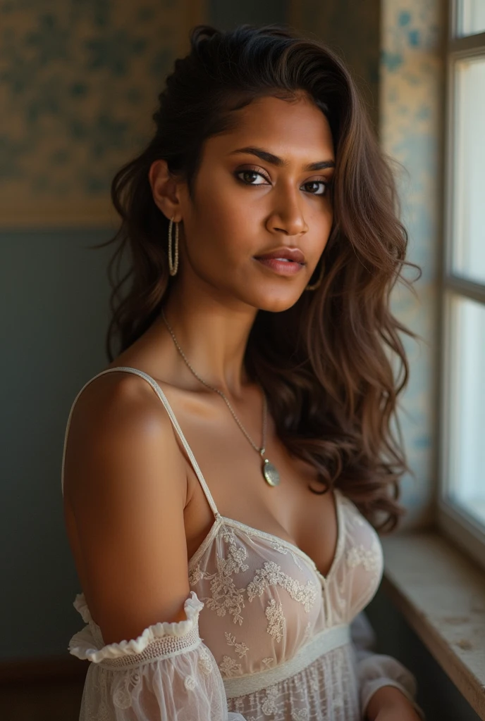 close up photo of 30 years old pooja hegde, in bed, lace lingerie, selfie style