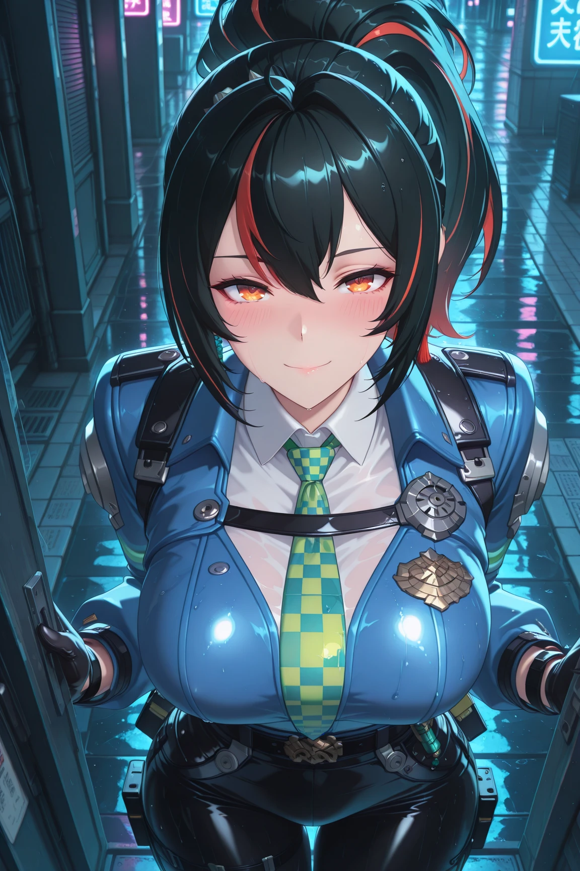 1girl, black hair, short hair, ponytail, long ponytail, blue eyes, large breasts, thick thighs, toned, hourglass figure, serious, blue jacket, bodysuit, black bodysuit, policewoman, police hat, police, neon, neon trim, futuristic, science-fiction, machinery, tech,
