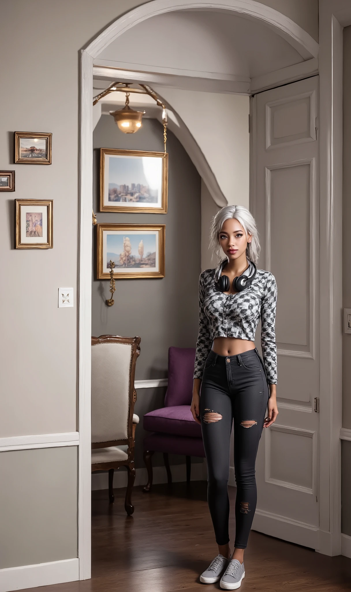The girl is a brown and her hair is silver white with two long french braids , her eyes are silver grey, she is standing in front of a doorway indoors in a casually styled livingroom, which includes a purple armchair and framed wall art. She is wearing crop top long sleeve shirt with grey and black checkered pattern and it is long sleeves, paired with high-waisted black jeans that have distressed details near the knees. She also wears casual gray sneakers. Around her neck hangs a pair of black headphones. The lighting is soft, casting gentle shadows behind her. The overall atmosphere is casual and relaxed. She has her arms crossed with a attitude on her face.