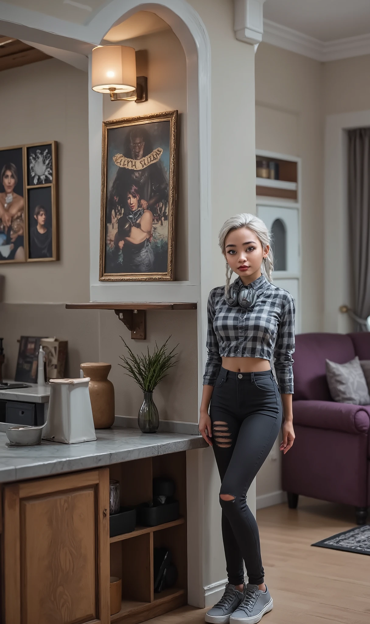 The girl is a  brown and her hair is silver white with two long french braids , her eyes are silver grey, she is standing in front of a doorway indoors in a casually styled livingroom, which includes a purple armchair and framed wall art. She is wearing crop top long sleeve shirt with grey and black checkered pattern and it is long sleeves, paired with high-waisted black jeans that have distressed details near the knees. She also wears casual gray sneakers. Around her neck hangs a pair of black headphones. The lighting is soft, casting gentle shadows behind her. The overall atmosphere is casual and relaxed. She has her arms crossed with a attitude on her face.