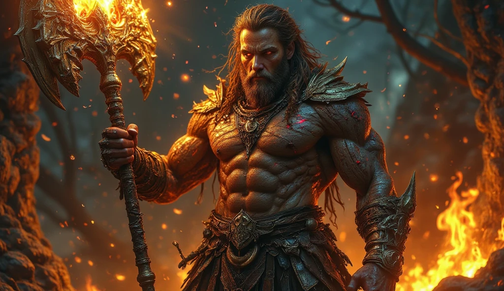 (1boy) (male) ((front view)) ((figure fills frame)) ((facing viewer)) Insanely Handsome, very detailed flawless face, detailed open eyes, very attractive and handsome, epic, heroic, (muscular) bodybuilder, ((big muscles)), ((large pectorals)), narrow waist, short messy hair. ((hairy chest)), ((hairy legs)). Wearing fur loin cloth, carrying a wooden spear. Emerging from a (partially dark cave) entrance. It is (night), the only source of light is a large campfire out of view. Highly detailed fantasy art, dramatic volumetric light, artstation, beautiful modern fantasy illustration.