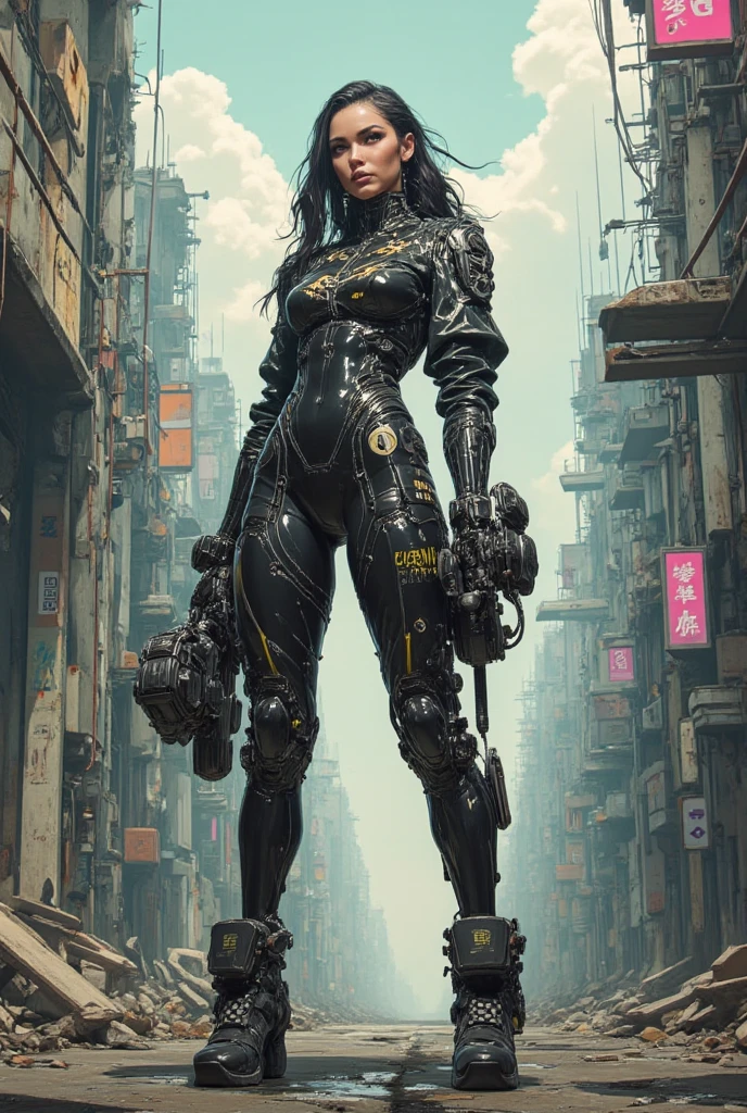 ((best quality)), ((masterpiece)), ((realistic)), (detailed), (photo-realistic:1.5), futuristic girl, (thick body), (white bodysuit), lights on armor, cybernetic headwear, looking at viewer, dynamic pose, post-apocalyptic, destroyed city background, buildings on fire, sci-fi, high resolution, ray tracing, super resolution, subsurface scattering, PBR texturing, post processing, anisotropic filtering, depth of field, best sharpness and clarity, rule of thirds, 8K RAW, (luminous particles:1.4), (extremely detailed cg, unity 8k wallpaper, 3d, cinematic lighting, lens flare), reflection, sharp focus, cyberpunk art, cyberpunk architecture, moisturized skin, realistic body, (), (girl), earrings, (cute face), vivid colors, bokeh, stimulating atmosphere, unique encounters, playful interactions, lively crowds, wind blowing, fantastic, dynamic, (fisheye lens), neon, cyberpunk movie, cyberpunk city, fight, war, lightning,