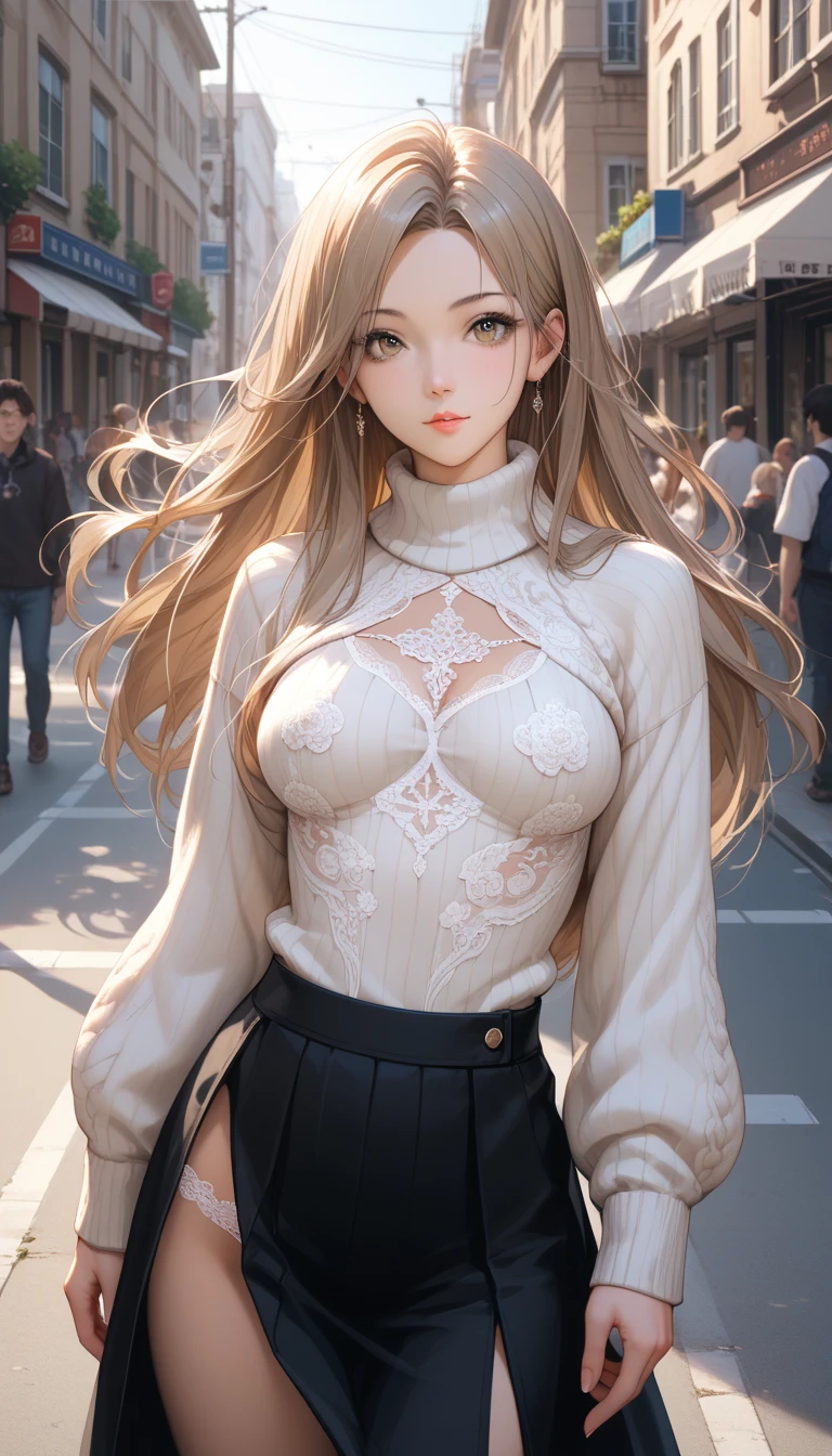 A girl is posing for a photo, cute女の子, Enchanting girl,
(Blonde, half updo), (Red eyes),
((High neck black lace shirt:1.6)、(white skinny slacks:1.4、Black High Heels:1.4))、Black choker、Red Gem Earrings、Gold Necklace、Gold Bracelet、
(((highest quality)), ((masterpiece)), (Very detailed), (High resolution), (Beautiful detailed sparkle), (High detail), (Anatomically correct)), ((Realistic)), ((The best CG)), Ultra-detailed art, CG illustration, 16k, 1080P, Oil paints:1.2,
(((One Girl))),
(Symmetrical facial features, Perfect Face), Beautiful clavicle, (Beautiful fingers), (Beautiful breasts, (Ccup)),
Beautiful body, Beautiful thighs, Beautiful feet, Perfect round butt, (((Detailed skin, Oily skin, Textured skin, Beautiful Skin))),
(((Baby Face, cute, 16 years old))), Double eyelids, Long eyelashes,
(Droopy eyes, Expression of fine eyes, Beautiful and delicate eyes, Sparkling eyes, Eye Reflexes),
(Beautiful Nose,Thin Nose),
(Glossy Lips, Beautiful Lips, thick lips),
(Beautiful Hair, Shiny Hair, Shiny Hair), Hair fluttering),
(smiley, laughing, blush),
BREAK
(noon、(Residential Street、Slope)), ((Walking:1.4, Dynamic Pose、Cowboy Shot))