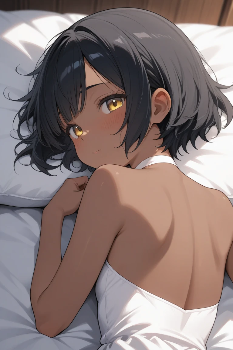 [(Beautiful young girl) (short black hair) (blue eyes) (flat chest)]  ([high Definition] [correct anatomy]): (laying in her back) (laying in a bed)  (naked) (upside perspective)