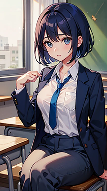 black hair short、Female college student、beautiful breasts、Neat and clean fashion、Not in uniform、sit in a chair、Leaning your elbows on the desk、Facing forward and thinking absentmindedly