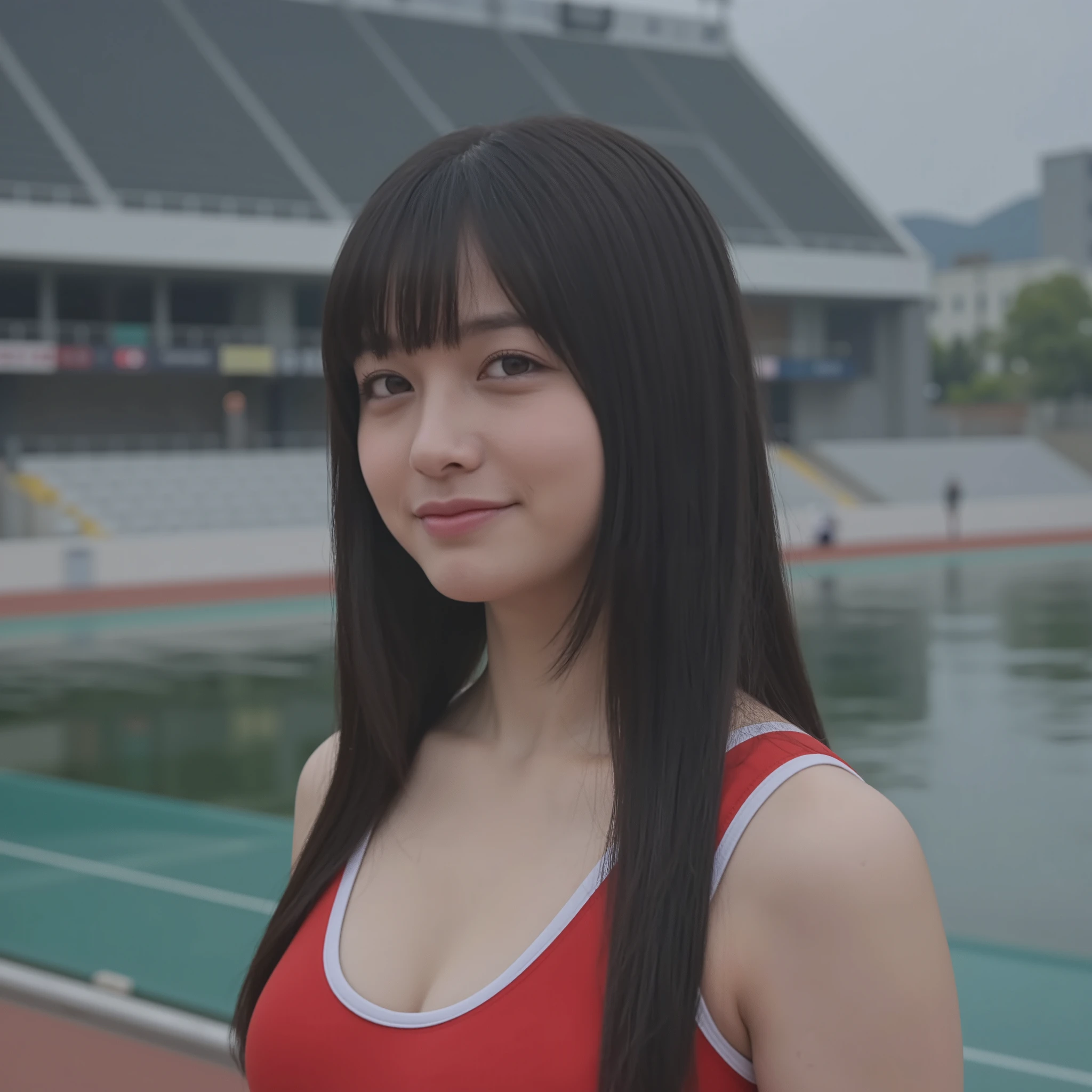 (mature adult woman wearing a leotard1By people),beautiful black hair,With bangs,(((super straight hair))),((long hair)), realistic person images in dark waters,Realism,best quality,mastepeice,top quality,Max Video Quality,highest resolution,FINE DETAILS,Beautiful detailed face,black eyes,((realistic skin)),detailed background,( Exact Upper Body),(perfect upper body),(upper body),((Realismのある肌)),(smiles),((((super big )))),((((famous manufacturers among the many athletes at the track and field stadium)))),(shorts that are wearing Lula),(((((Standing inside a track and field stadium))),((((Large breasts))),(((((that looks at me close to))))),(((((outdoor))))),(((((are seen wearing sports bras from))))),(((large size breasts))),((((Show me a beautiful belly button)))),((((highlight your upper body near the cherry blossom tree)))),