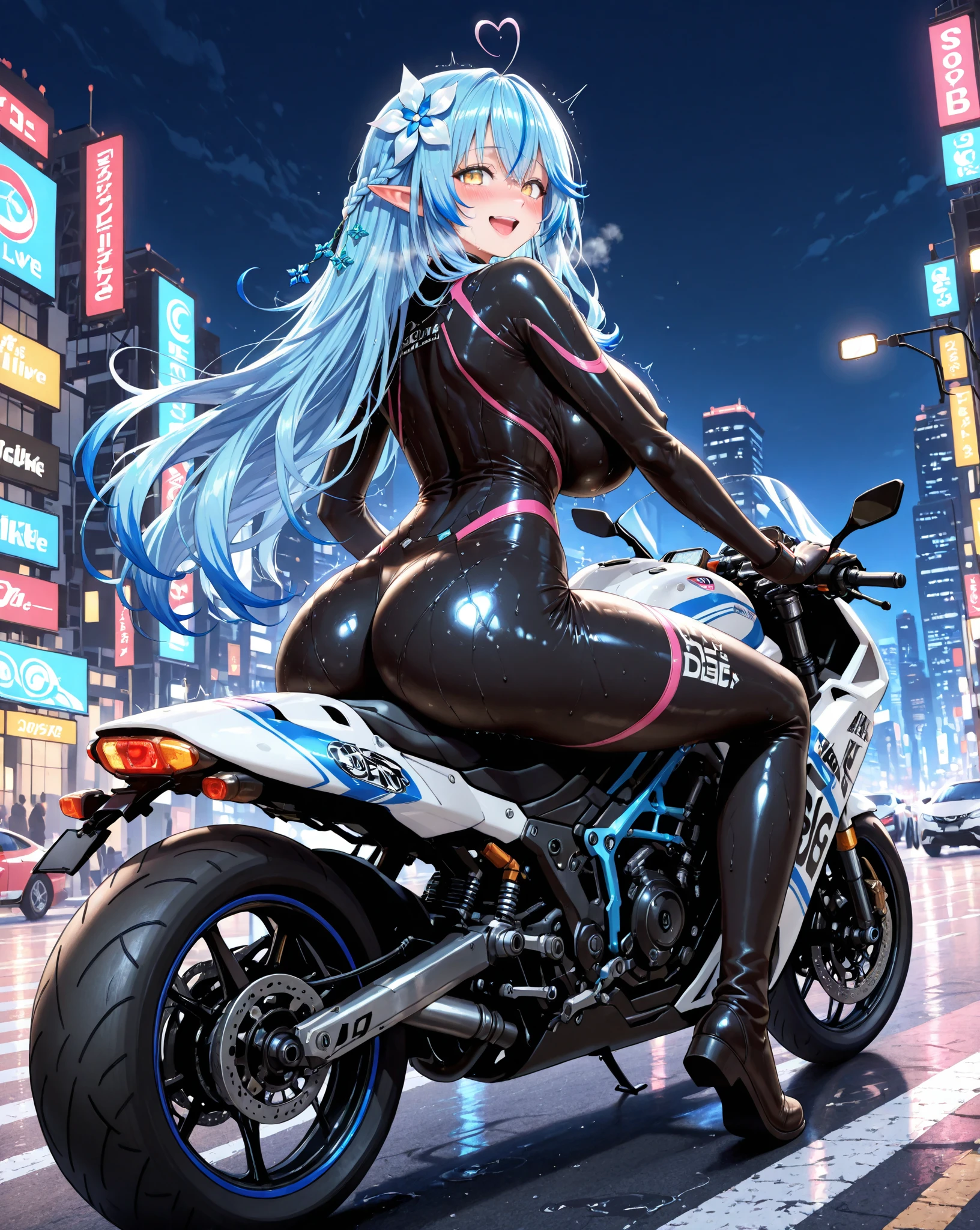 ((top-quality)), ((masterpiece)), (hight resolution:1.3), 。.。.3D, shitu-mecha, Beautiful cyberpunk woman with mech in the ruins of an abandoned city, Ancient Technology, nffsw, Ray traching, NVIDIA RTX, Hyper-Resolution, Unreal 5, Sub-surface scattering, PBR Texturing, Postprocess, Anisotropy Filtering, depth of fields, Maximum clarity and sharpness, Multilayer Texture, Albedo and specular maps, Surface Shading, Accurate simulation of light-matter interactions, perfectly proportions、octane renderings、two tone lighting、Low ISO、White Balance、thirds rule、Wide diameter、8K Raw、Efficient Subpixel、、light particules、light scattering、Tindall Effect、Rearview mirror、length hair、disheveled hair、shore、huge moon、((While riding a red motorcycle))、turned around、emphasis on the buttocks、beauty legs,Large Motorcycles,silber hair,Twintail,sexy panty,((in one's underwear only)),neons,A detailed face,Detailed panties