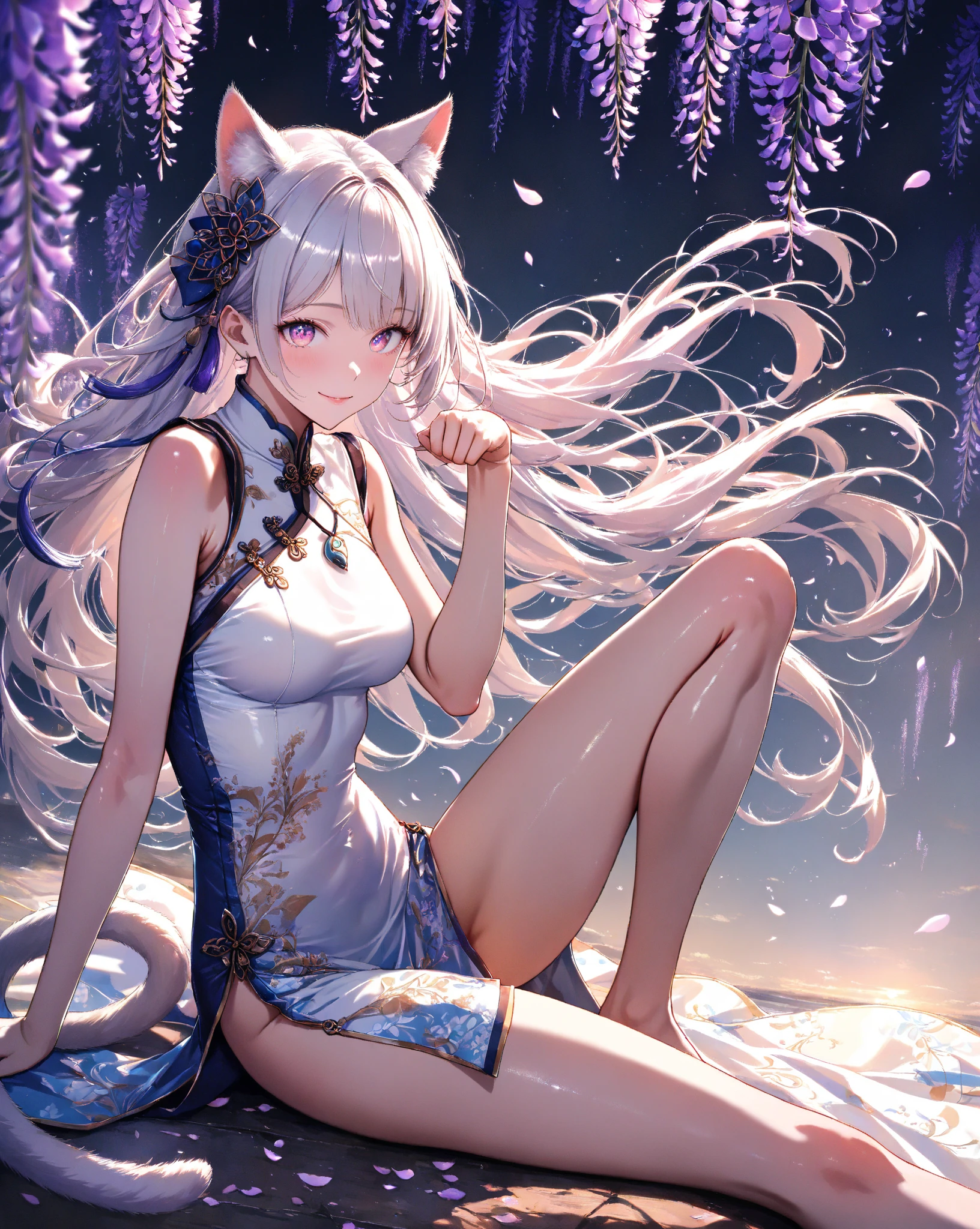 absurdres, highres, best quality, Botan, japanese kimono, bare shoulder, fur-trim, oionlion ears, messy hair, messy hair, grey eyes, grey hair, long hair, dynamic pose, sexy pose, seductively smile, blush, hands behind back, city road, on the road,