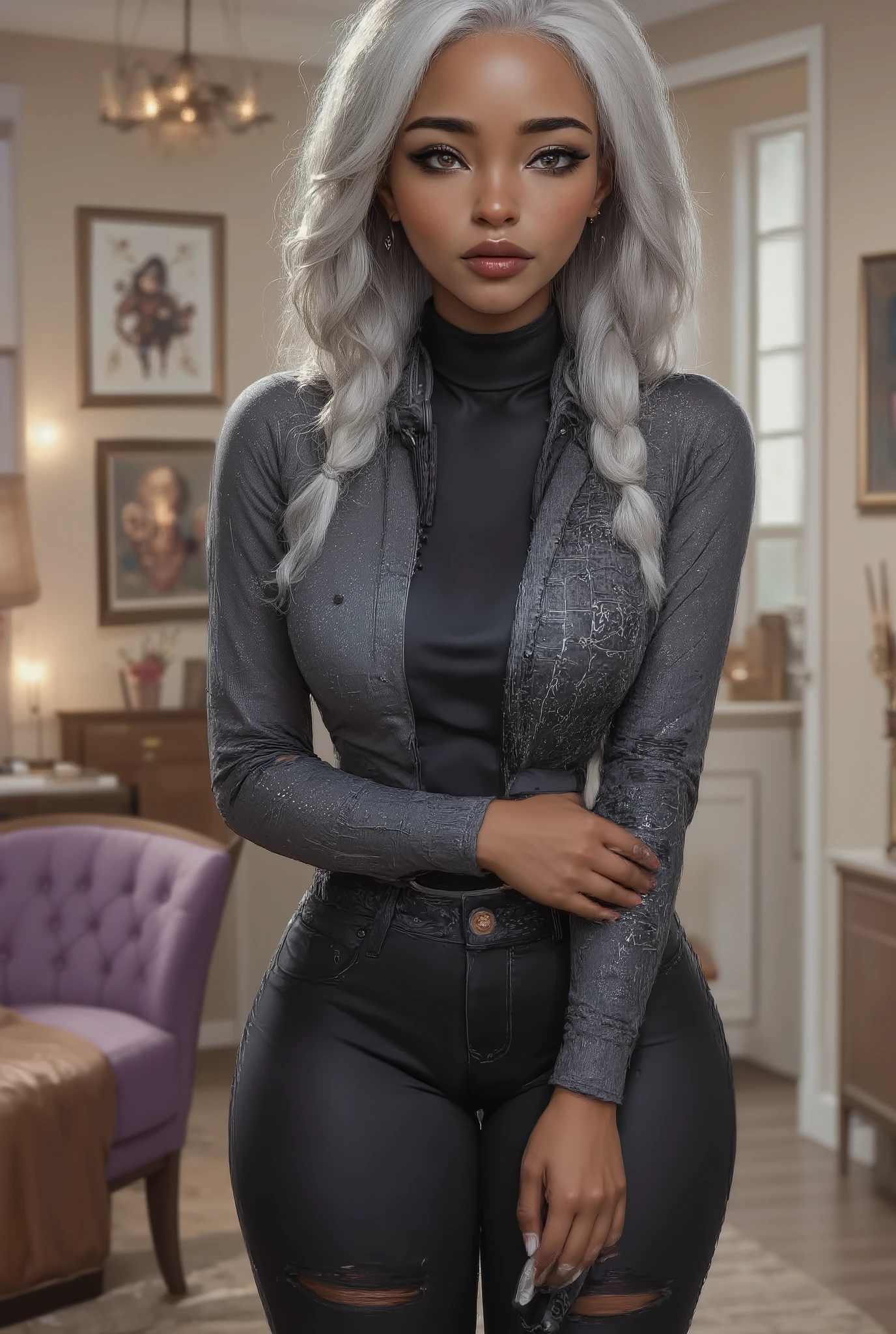 The 13 year old girl is mixed race a brown skin girl and her hair is silver white with two long french braids , her eyes are silver grey, she is standing in front of a doorway indoors in a casually styled livingroom, which includes a purple armchair and framed wall art. She is wearing crop top long sleeve shirt with grey and black checkered pattern and it is long sleeves, paired with high-waisted black jeans that have distressed details near the knees. She also wears casual gray sneakers. Around her neck hangs a pair of black headphones. The lighting is soft, casting gentle shadows behind her. The overall atmosphere is casual and relaxed. She has her arms crossed with a attitude on her face.