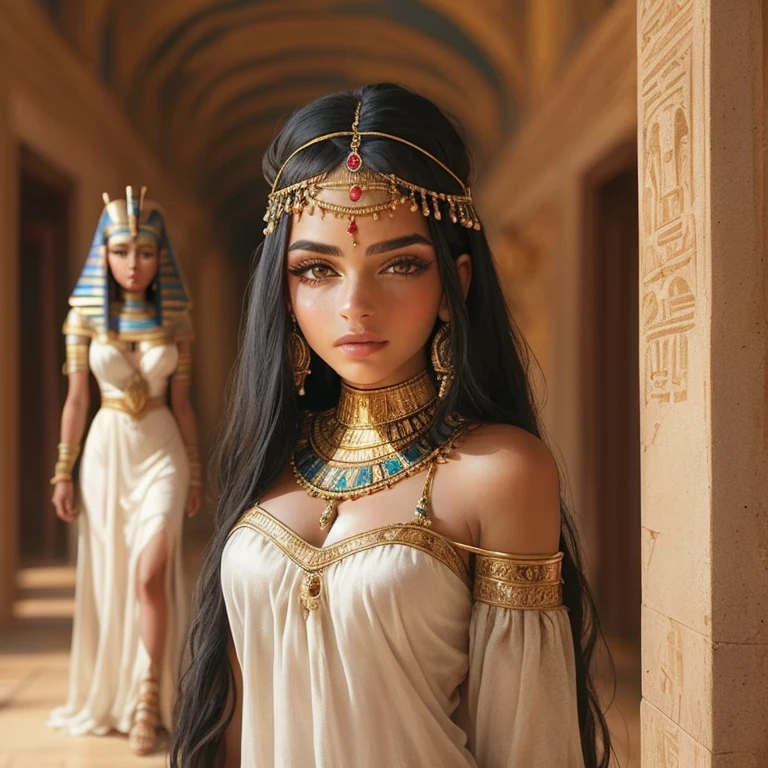 egyptian queen cleopatra, with classic crown, and luxurious Egyptian clothing, with jewelry. white skin color, de corpo inteiro, Egyptian makeup

