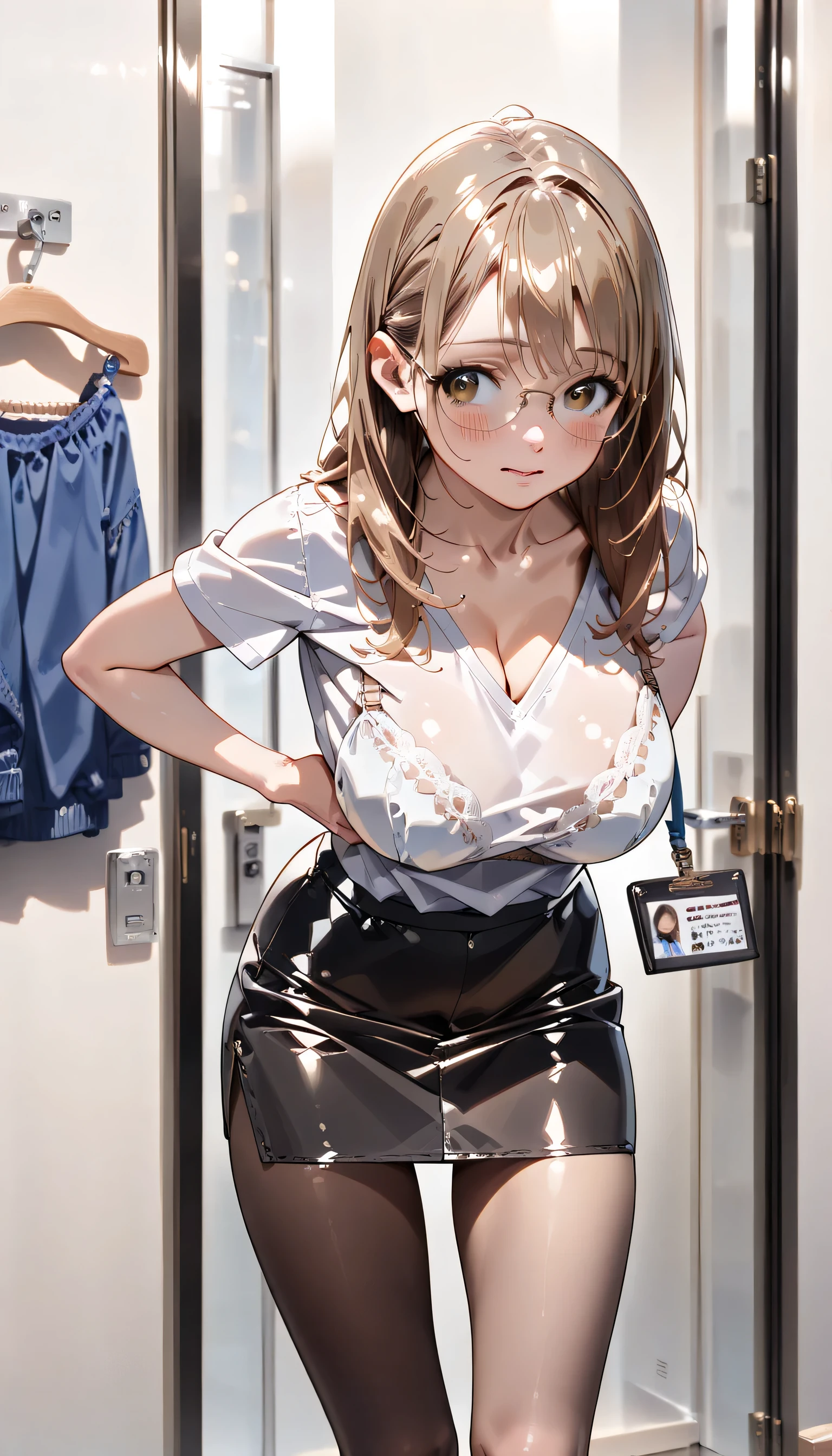 ((ultra-detailed)), (highly detailed CG illustration), (best quality:1.2), ultra-highly detailed, colorful composition, ((peeping photo)), 1 girl, solo focus, ((thigh to top:1.4)), ((cowboy shot:1.4)), moe anime character, girl, dainty facial structure, (baby face), (round face), ((rounded chin:1.2)), ((ideal ratio body proportions)), celia-default, celia claire, brown eyes, sparkle eyes, ((wearing glasses:1.4)), ((round eyewear:1.4)), ((black hair color:1.3)), long hair, half updo, (hair ribbon with red), ample breasts, ((V neck shirt with white:1.4)), ((open clotch:1.3)), ((ID card holder:1.2)), ((black tight skirt:1.4)), ((black tights:1.3)), white bra, white panties, leaning forward, ((shy)), ((blush)), ((bashful)), ((coy)), ((demure)), ((looking away)), ((changing clothes)), ((standing in the women's changing room)), ((there are only girls in the room:1.4)), ((girls in underwear changing clothes:1.3)), ((from behind:1.3)), ((back shot:1.3)), best quality, masterpiece, expecting, pink cheek, blush, light pink gloss slip, portrait, depth of field, soft lighting, eiling lighting, (shine), lighting, caustics, ray tracing, smile, perfect face, lustrous skin, highly detailed face, highly detailed eyes, perfect face, perfect nose, perfect hair, perfect eyes, perfect anatomy, beautiful hair, beautiful small face, extremely detailed face, beautiful detailed eyes, beautiful clavicle, beautiful body, beautiful huge breasts, leavage, breasts squeezed together, equalize the size of the left and right breasts, beautiful thin thighs, beautiful legs, beautiful fingers, 4 fingers, 1 thumb, lovely, (very detailed background:1.0), (highly detailed background:1.0), spring aesthetic, intricate details, Secretly filmed atmosphere, spring colors palette, chromatic aberration