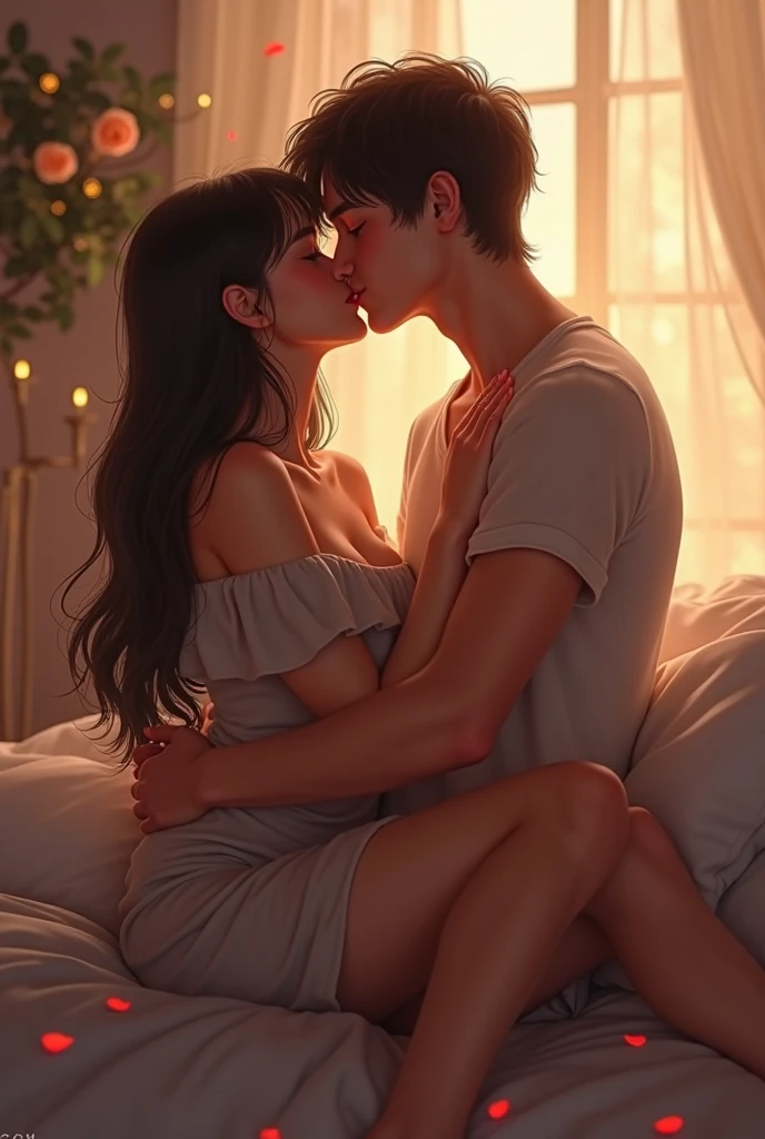Boy and girl aggressively making out, on bed, night time, curious, nervous, blushing, sweating, first time