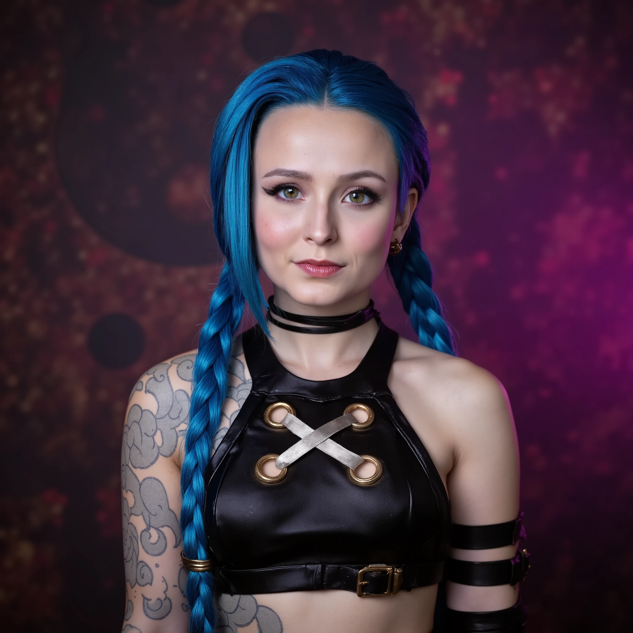 Larissa Manoela cosplay as JinxA, The image is a high-quality photograph of a woman standing against a smoky, steampunk background with a mystical, otherworldly ambiance. She is dressed in crop top. and she has tattoos and blue braided blue hair with bang, she has bright glowing pink eyes, portrait view, close up, looking at viwer, smiling