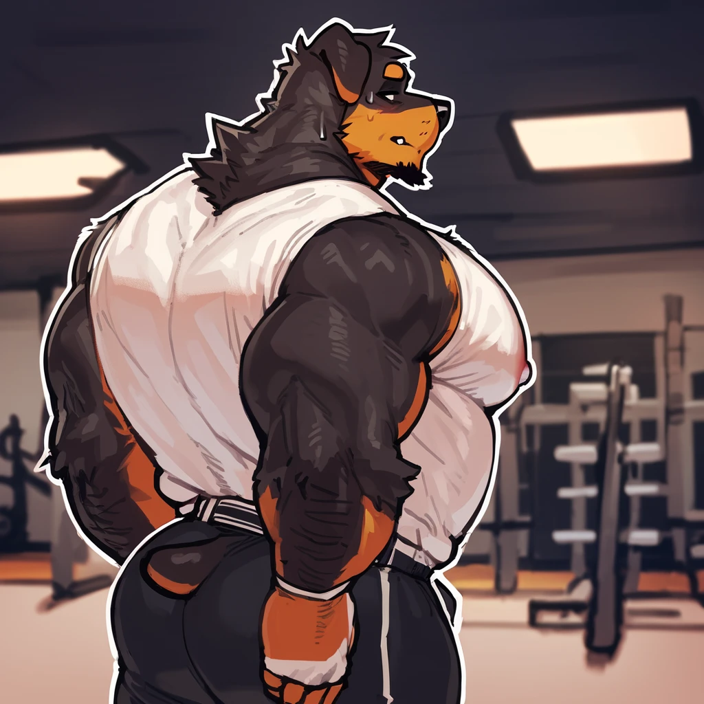 Solo, male, muscular, giant, enormous, buff, strong, massive biceps, massive pecs, canine, big bulge, by darkgem, by mystikfox61, by glitter trap boy, standing, view from below, office, newfoundland, newfoundland dog