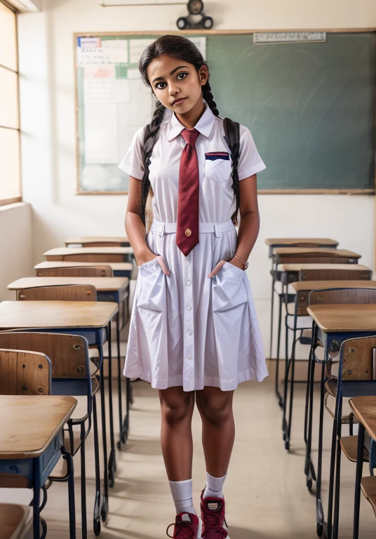 Raw photo , 1 girl ,Wearing white frock and color tie, white shoes, (( girl studying on on in the classroom)), with plait, biggest breasts size , professional photographer, (hdr:1.4), masterpiece, ultra-realistic 8k, perfect artwork, intrincate details, cute face, award winning photograph, (Best quality, 8k, 32k, Masterpiece, UHD:1.3) ,