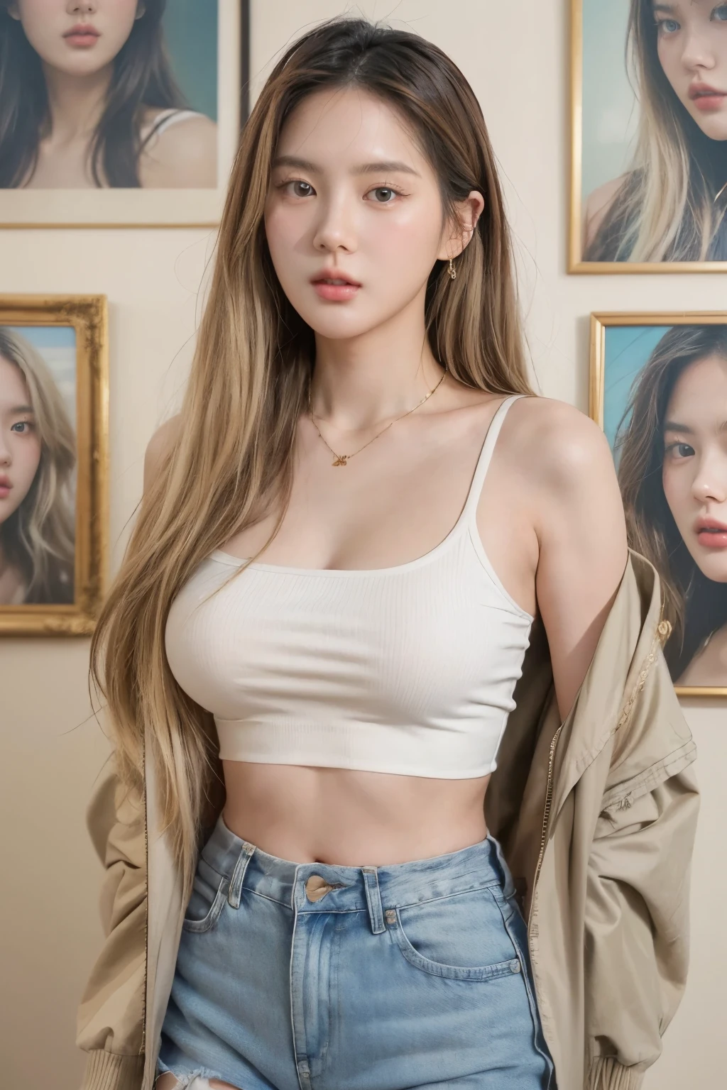 Generate a digital image of a beautiful woman with straight, honey blonde hair styled in a feathered cut. Capture her ((standing with arm crossed)) in a disco club, wearing high-waisted, light wash flare jeans with a frayed hem. Pair the jeans with a burnt orange, silky crop top and a long, gold chain necklace. The background should be a vibrant, retro disco scene with a mirrored disco ball reflecting colorful lights. Use a dynamic shot. Enhance the image with a warm, saturated color palette reminiscent of the 70s and a subtle grain effect for a vintage feel.