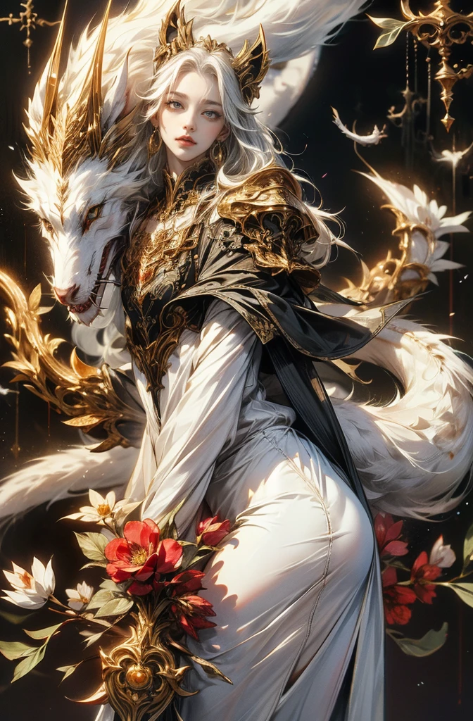 Female samurai warrior with long white hair, Beautifully detailed eyes, Beautifully detailed lips, Very detailed eyes and face, Long eyelashes, red devil eyes, smile, traditional anime style, full body shot, Extremely detailed and intricate design, digital painting, best quality, 8K, realistic, Highly detailed, film lighting, Stunning shadow, bright colors, dynamic poses, Powerful presence, (Enter Japanese text: The flower is a cherry tree., People are samurai in the picture.)(Japanese font)white cutting edge