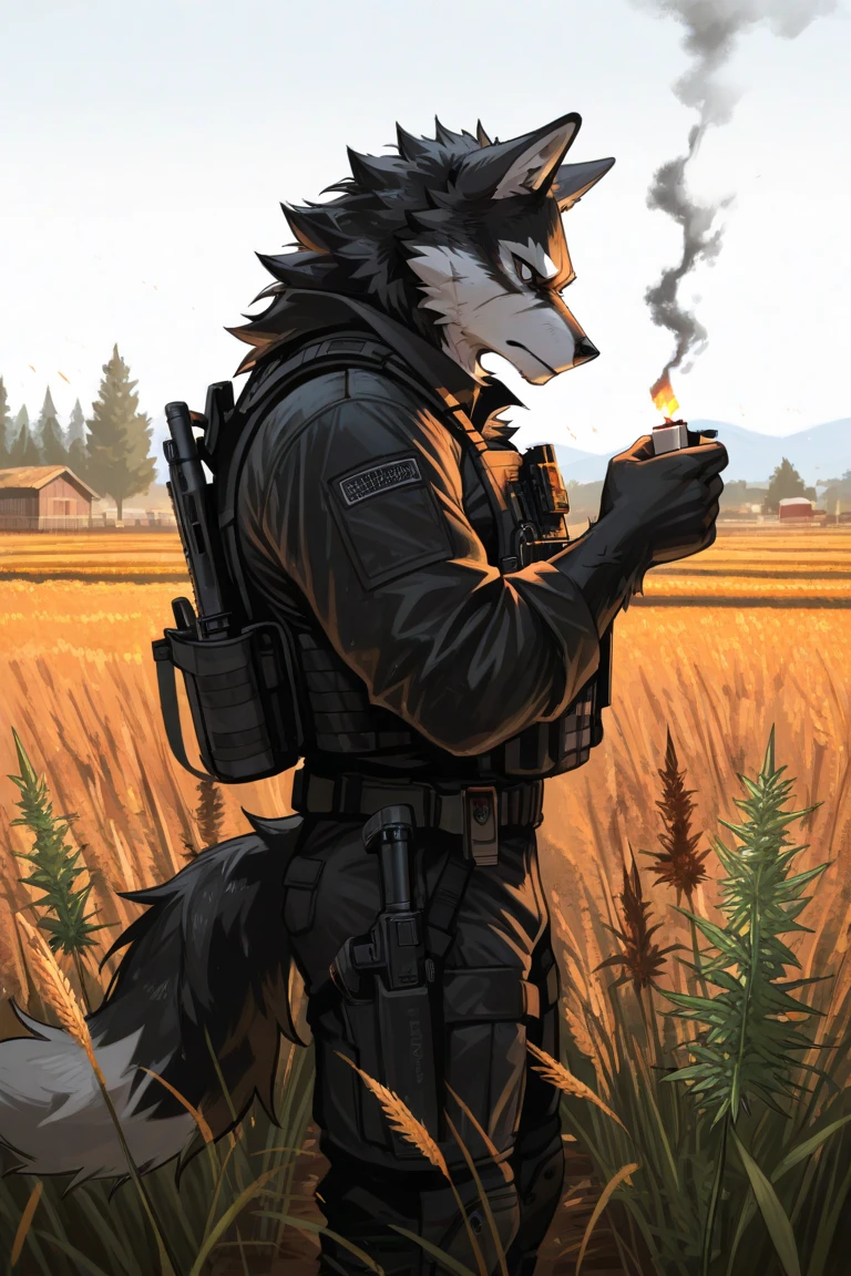 Furry wolf male character,serious face,black and white fur,black tactical equipement,standing in a marijuana weed plantation field,holding a lighter,burning the field,countryside,side view,day,dark style
