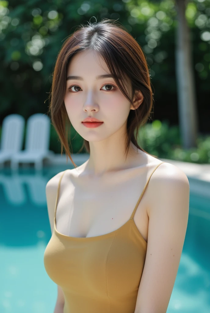 ((highest quality, 8k, masterpiece: 1.3)), Clear focus: 1.2, 1 girl, Perfect figure: 1.4, Slim Abs: 1.1, ((Dark brown hair)), Green Bikini, (Outdoor, noon: 1.1), Blurry pool background, Super Fine Face, fine grain, double eyelid
