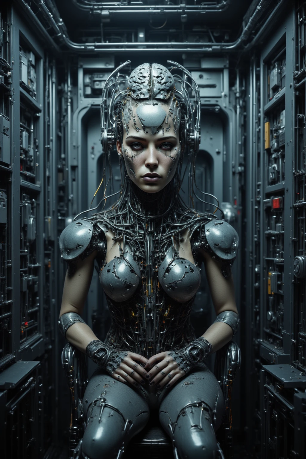 A highly detailed,disturbing photo of a woman in a biomechanical transparent cocoon.Her body is connected to tubes.She is floating in a murky liquid,All the machines and architecture around her are biomechanical,A fusion of flesh and machine,slimy gore,Body horror,bloody very inspired by H.R.Giger.Rusty,old,dirty,cinematic,4K