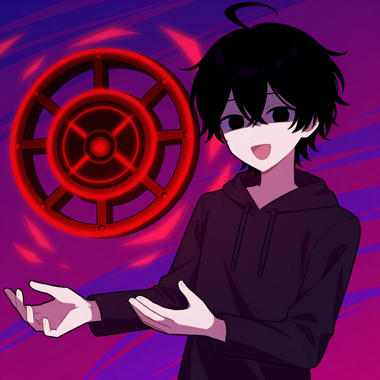 1boy, meta-Altercaetic, :D, black eyes, cog aura, cog background ...