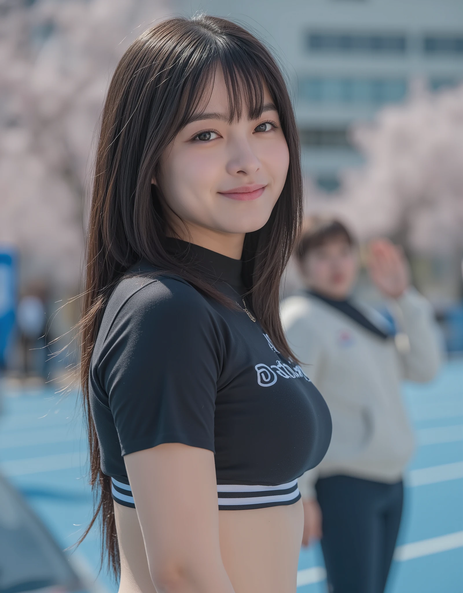 (mature adult woman wearing a leotard1By people),beautiful black hair,With bangs,(((super straight hair))),((long hair)), realistic person images in dark waters,Realism,best quality,mastepeice,top quality,Max Video Quality,highest resolution,FINE DETAILS,Beautiful detailed face,black eyes,((realistic skin)),detailed background,( Exact Upper Body),(perfect upper body),(upper body),((Realismのある肌)),(smiles),((((super big )))),((((famous manufacturers among the many athletes at the track and field stadium)))),(shorts that are wearing Lula),(((((Standing inside a track and field stadium))),((((Large breasts))),(((((that looks at me close to))))),(((((outdoor))))),(((((are seen wearing sports bras from))))),(((large size breasts))),((((Show off your beautiful stomach)))),((((highlight your upper body near the cherry blossom tree)))),