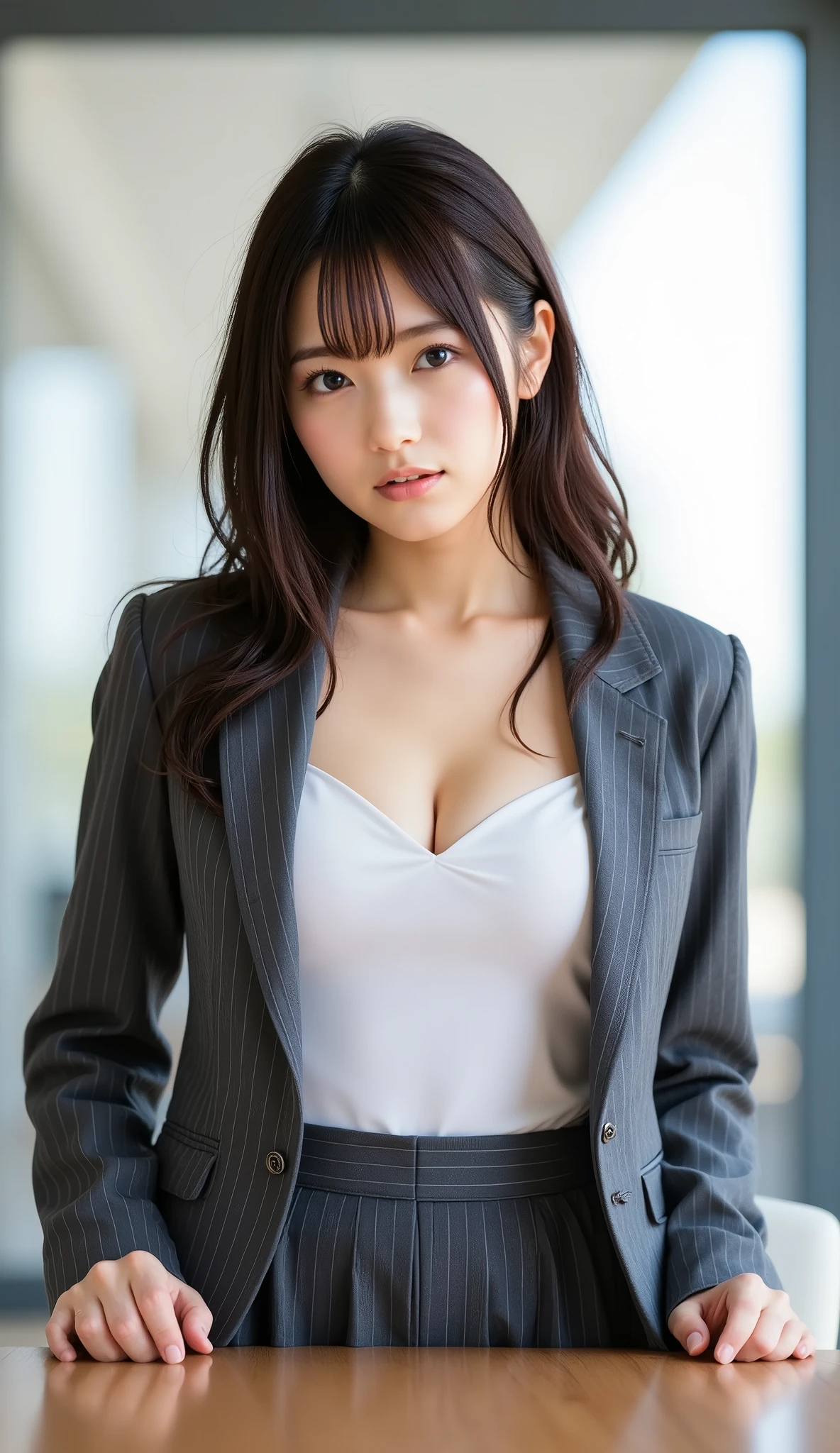 8k, RAW Portrait (Japanese women),masterpiece、Photorealistic:1.3、Realistic, Ultra-high resolution, Highest quality, Real Life Photos ,( in the evening :1.1),
((((1 female:1.5)))), (((オフィスで男性にBlowjobをする女性:1.6)))、(Cute Face:1.3)、Japanese women,((office lady))、((本物のoffice lady))、((suit:1.6))、Pleated skirt、 Long Hair,,Slender body,、In the room、
big, beautiful, beautiful目, Black Hair,(Written boundary depth:1.3)、 ((Dark brown eyes:1.2))、(Realistic skin texture:1.3)、(Immersive atmosphere:0.8、Chiaroscuro:1.2) 、(Viewer:1.3)、((Embarrassing))、(smile:0.7)、((Top view angle:1.2))、((Face close-up:1.4))、((男性にBlowjobチオをしています:1.4))、the most beautiful woman in the world、the most beautiful woman in the world、((Blowjob:1.4))、Sweat、((Open shirt))、(Nipples are visible:1.4)、facial 、semen、