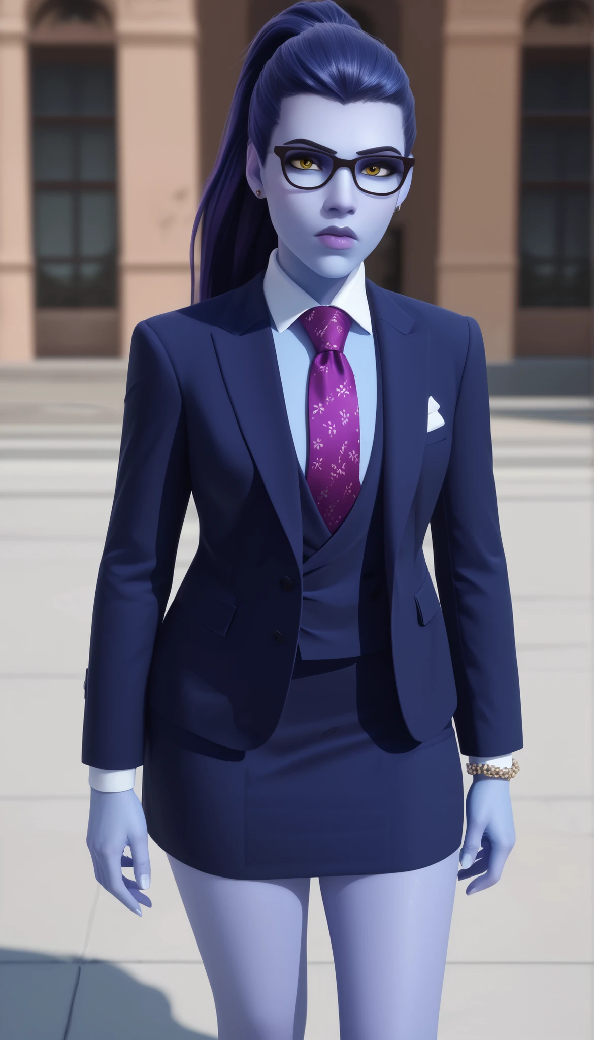 score_9, score_8_up, score_7_up, BREAK
 wdwmakr, owwidowmaker, (((colored skin))), (((blue skin))), head turned, glasses, lipstick, long hair, ponytail, yellow eyes,,lips,1girl,solo,
 three-piece suit, formal, jewelry, dark grey suit, purple necktie, earrings, jacket, lilac shirt with white collar, jacket, shirt, lips, skirt, pocket square, cufflinks, shiny clothing, bare legs
Face shot,Looking at viewer, serious, adjusting necktie, tightening necktie, above the knee skirt