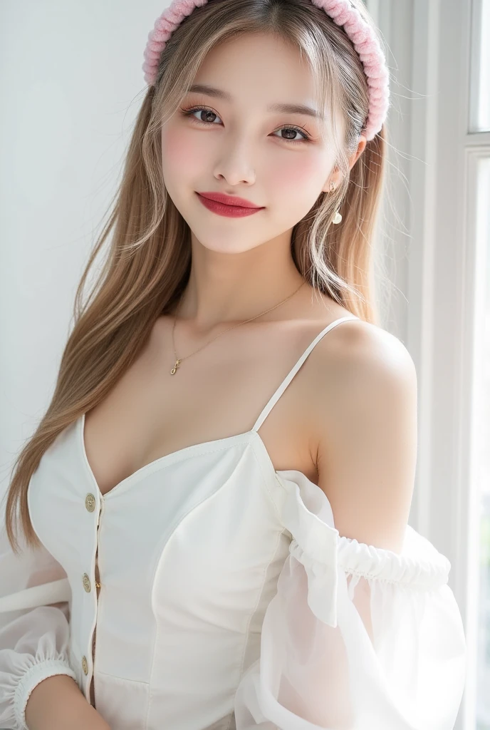 Vista, panorama, perspective, Depth of bounds written, bust, Upper body, cinematic angle, masterpiece, highest quality, Super detailed, cg, 8k wallpaper, beautiful face, delicate eyes, maiden, alone, smile, silver hair, golden eyes, Fair skin, hair, red scarf, white evening dress, rose畑, Red flower, rose, flower garden, petal, Flying petal, smile