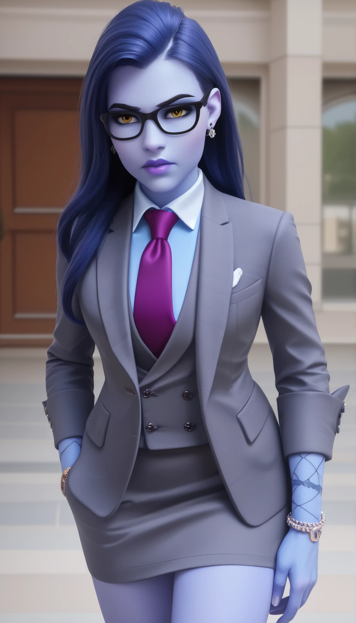 score_9, score_8_up, score_7_up, BREAK
wdwmakr, owwidowmaker, (((colored skin))), (((blue skin))), head turned, glasses, lipstick, long hair, ponytail, yellow eyes,,lips,1girl,solo,
three-piece suit, formal, jewelry, dark grey suit, purple necktie, earrings, jacket, lilac shirt with white collar, jacket, shirt, lips, skirt, pocket square, cufflinks, shiny clothing, bare legs, confident pose
Face shot,Looking at viewer, serious, adjusting necktie, tightening necktie, above the knee skirt