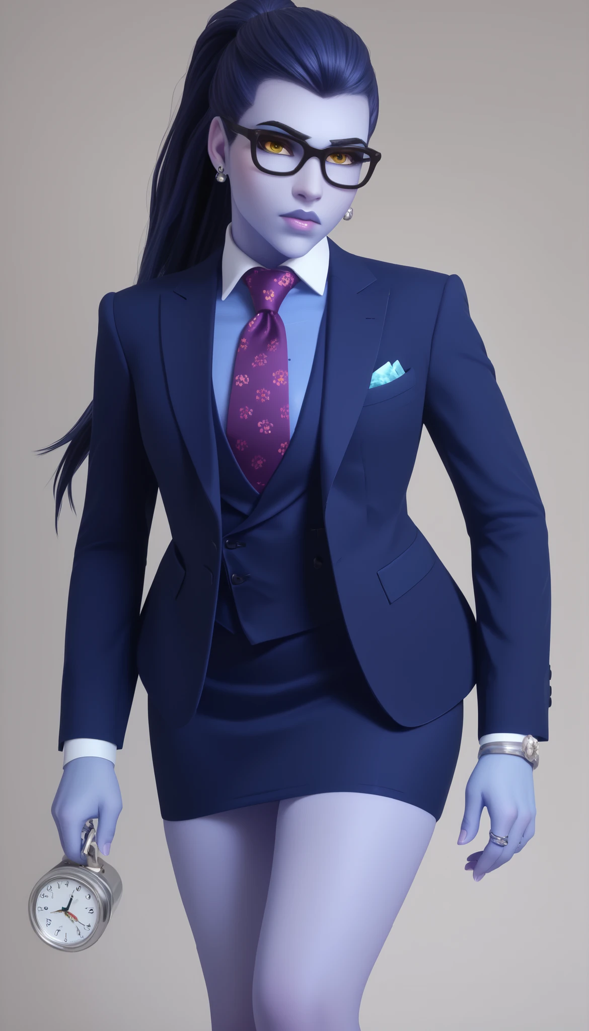 score_9, score_8_up, score_7_up, BREAK
wdwmakr, owwidowmaker, (((colored skin))), (((blue skin))), head turned, glasses, lipstick, long hair, ponytail, yellow eyes,,lips,1girl,solo,
three-piece suit, formal, jewelry, dark grey suit, purple necktie, earrings, jacket, lilac shirt with white collar, jacket, shirt, lips, skirt, pocket square, cufflinks, shiny clothing, bare legs, confident pose
Face shot,Looking at viewer, serious, adjusting necktie, tightening necktie, above the knee skirt