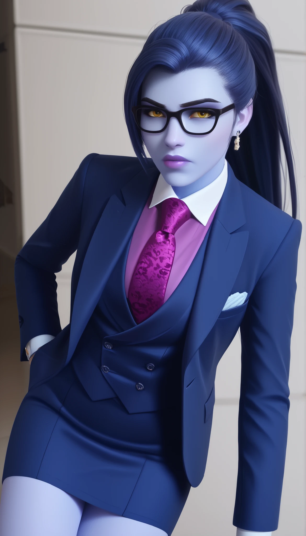 Perfect Woman,hair blue, blue colored eyes,purple top hat, blue scarf, Purple Suit, japanese,