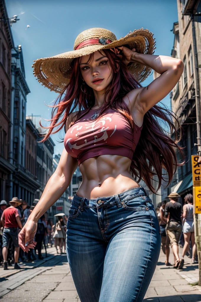 fill with her jeans, make part of her jeans, make into her jeans