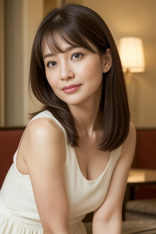 1 beautiful woman, high resolution, wallpaper 8K screen, top quality, realistic, super detailed, exquisite and perfect dynamic composition, (48 years old), (realistic skin texture), (overall skin fine lines: 1.3) , (dull skin: 1.1), (skin without moisture: 1.2), (wrinkles on the face: 0.9), (wrinkles at the corners of the eyes: 1.2), double eyelids, tear bags in the lower eyelids, eyes facing away, Serious expression, straight gaze, (dimples: 1.2), sharpness, dense and beautiful eyes, short hairstyle, thin hair, smile, short bangs, long hair, thin blouse with a wide neckline, flat chest, close to the waist Fitted flare pants, (portrait focusing on upper body), (angle from leg: 1.5),
