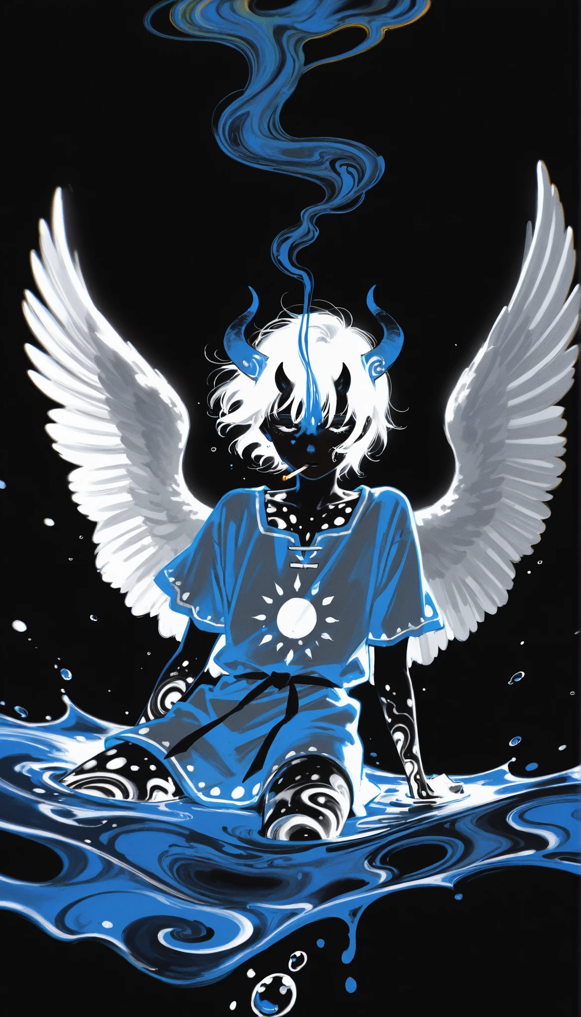 (drawing in white on black),black background,white spots,Abstract,drawing with tempera, artistic,watercolors,stained,shaded on the background,demon woman,Horns,angel wings tunic,cigarette ,abstract smoke,imaginary rain,water drops,dramatic lighting