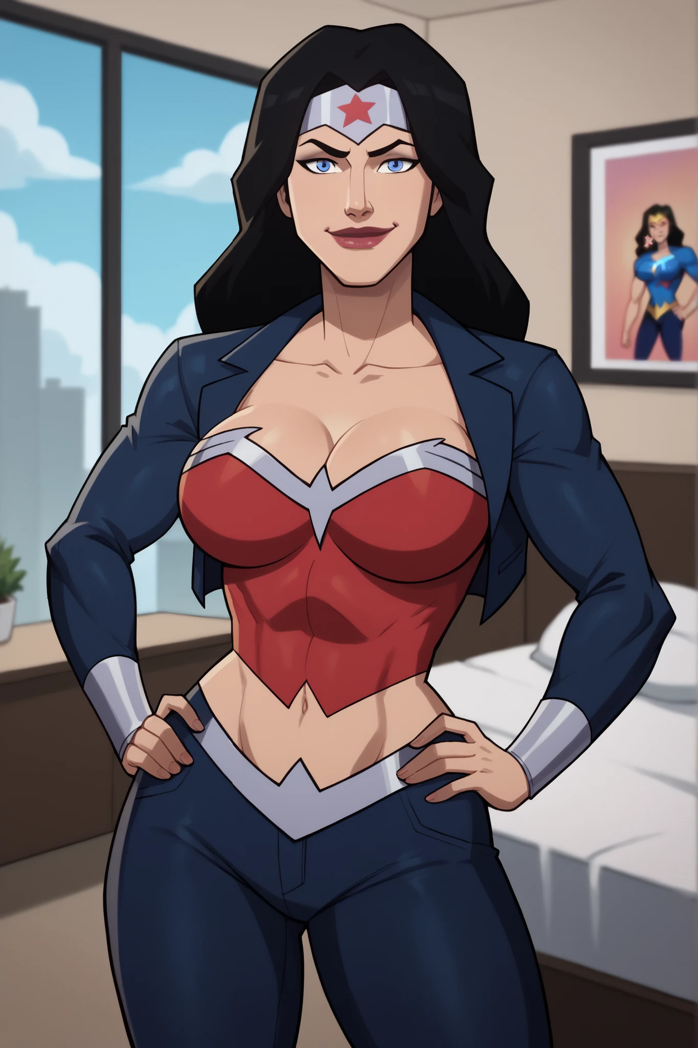 looking at viewer, smile, closed mouth, WWDiana, DianaHero, wonder woman, superhero, long hair, black hair, blue eyes, makeup, lipstick, score_9, score_8_up, score_7_up, score_6_up, 1girl, solo, large breasts, cleavage, curvy athletic, standing, hands on hips, model pose, happy expression, dark red crop top, dark blue leather jacket, dark blue jeans, bedroom, indoors, star print